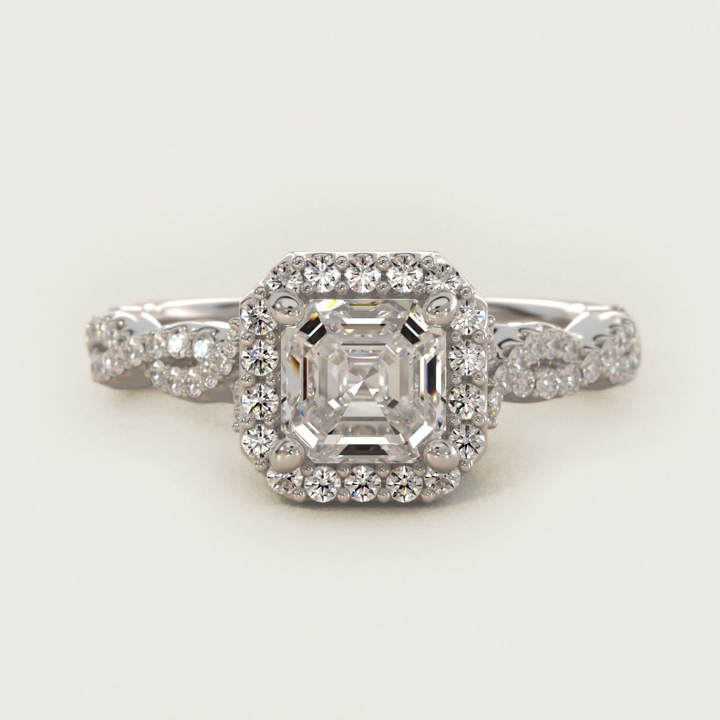 Twisted Band Halo Diamond Engagement Ring in 18k White Gold (1/3 ct. tw.) - Asscher Center