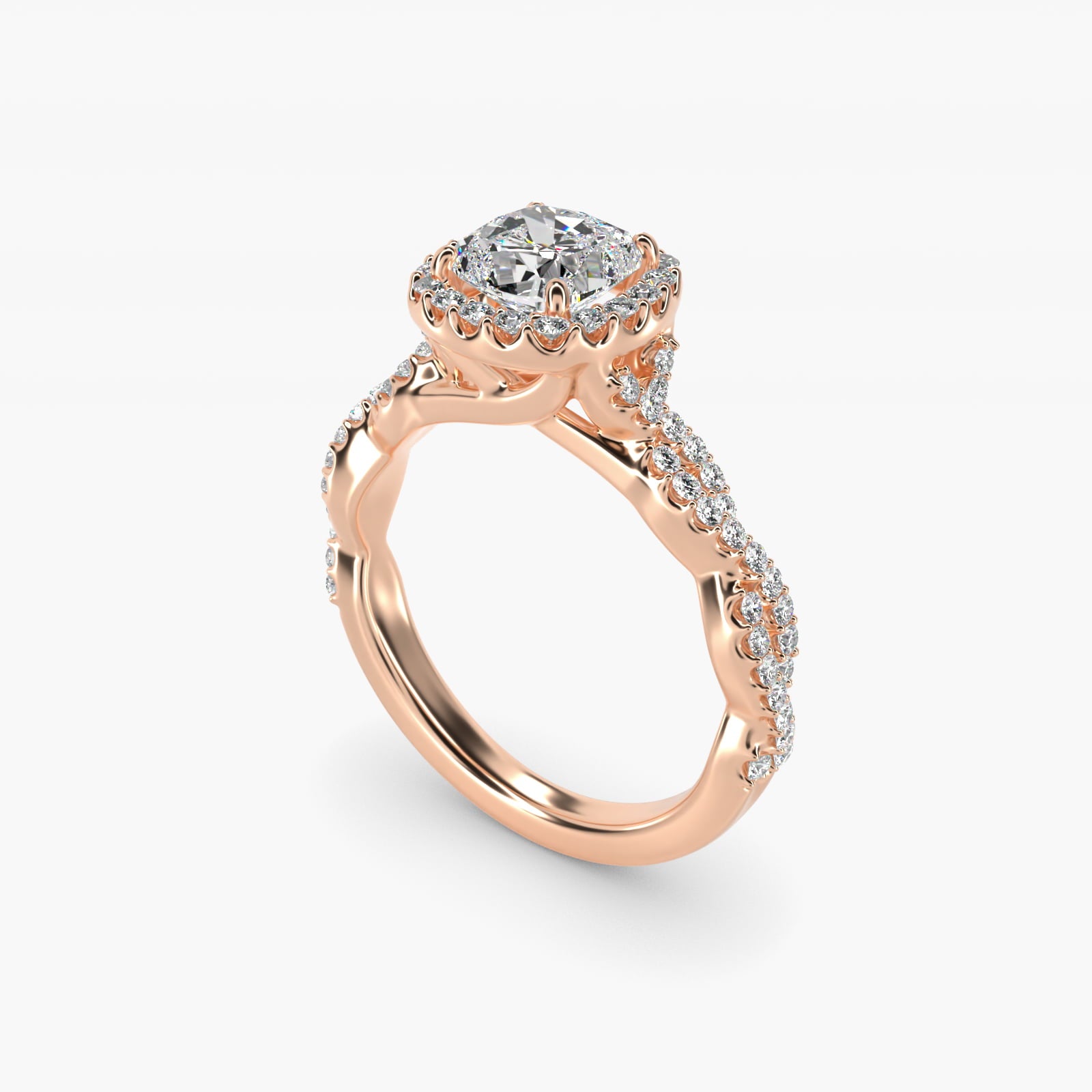 Twisted Band Halo Diamond Engagement Ring in 14k Rose Gold (1/3 ct. tw.) - Cushion Center