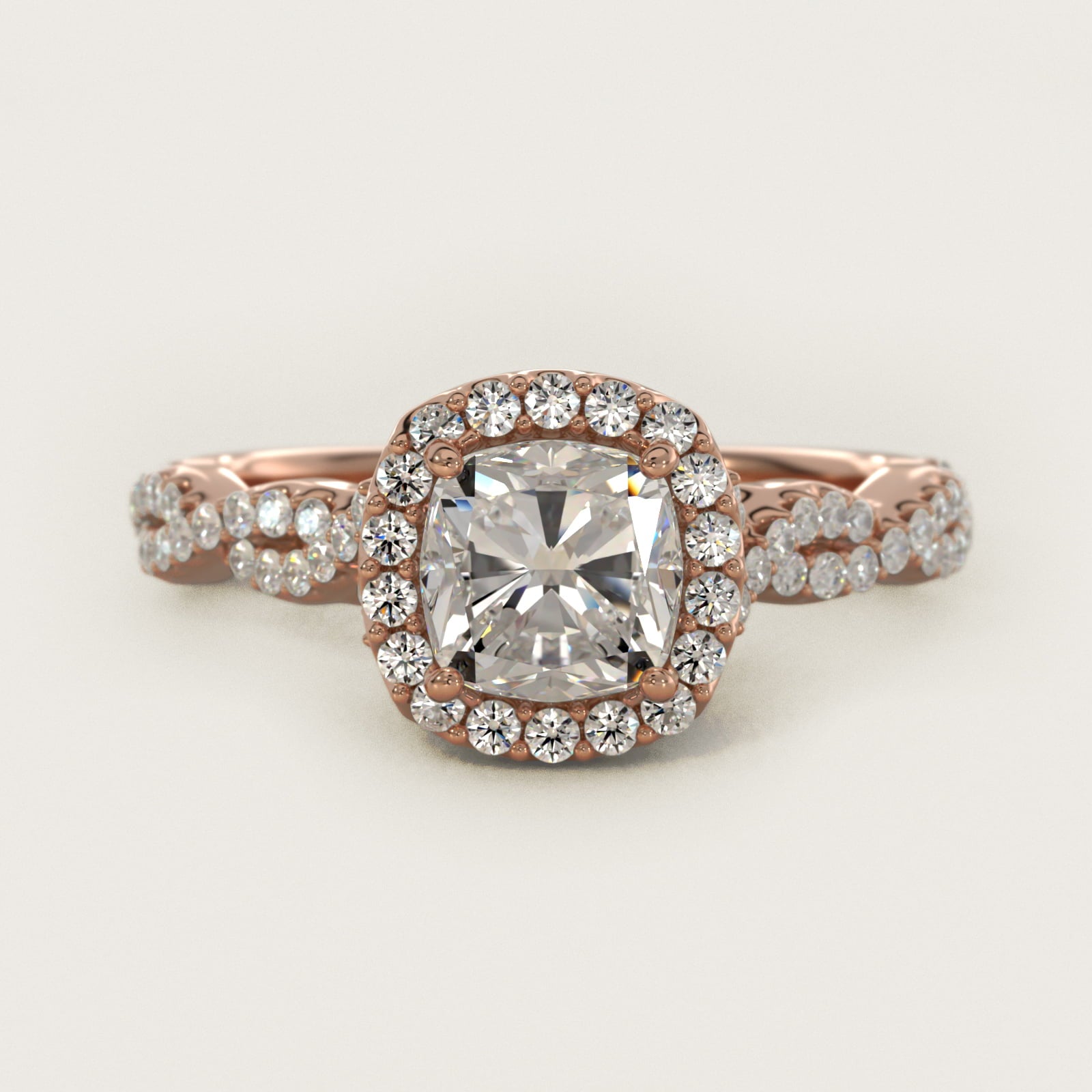Twisted Band Halo Diamond Engagement Ring in 14k Rose Gold (1/3 ct. tw.) - Cushion Center