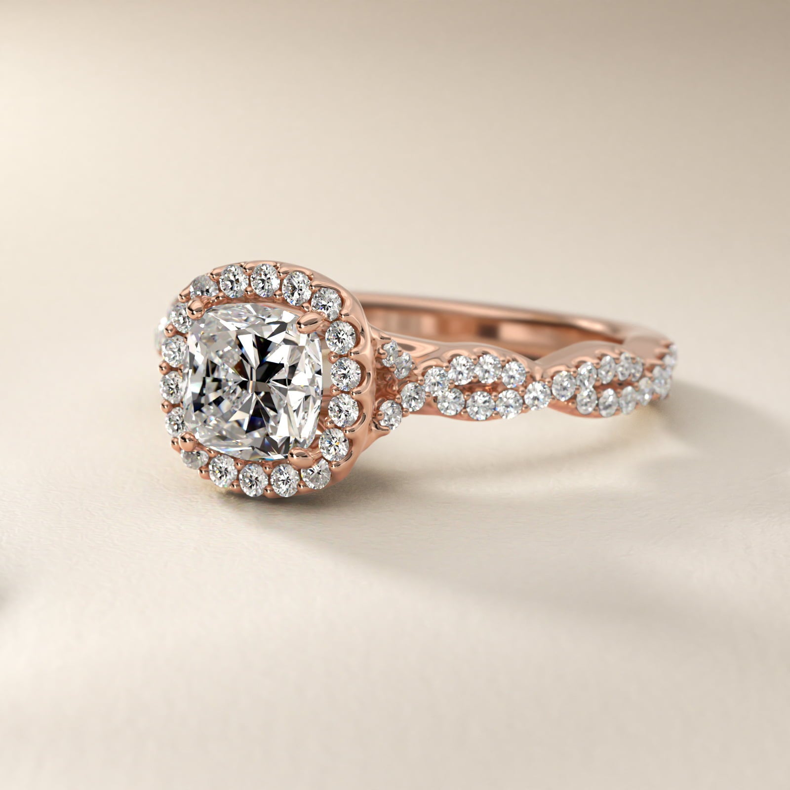 Twisted Band Halo Diamond Engagement Ring in 14k Rose Gold (1/3 ct. tw.) - Cushion Center