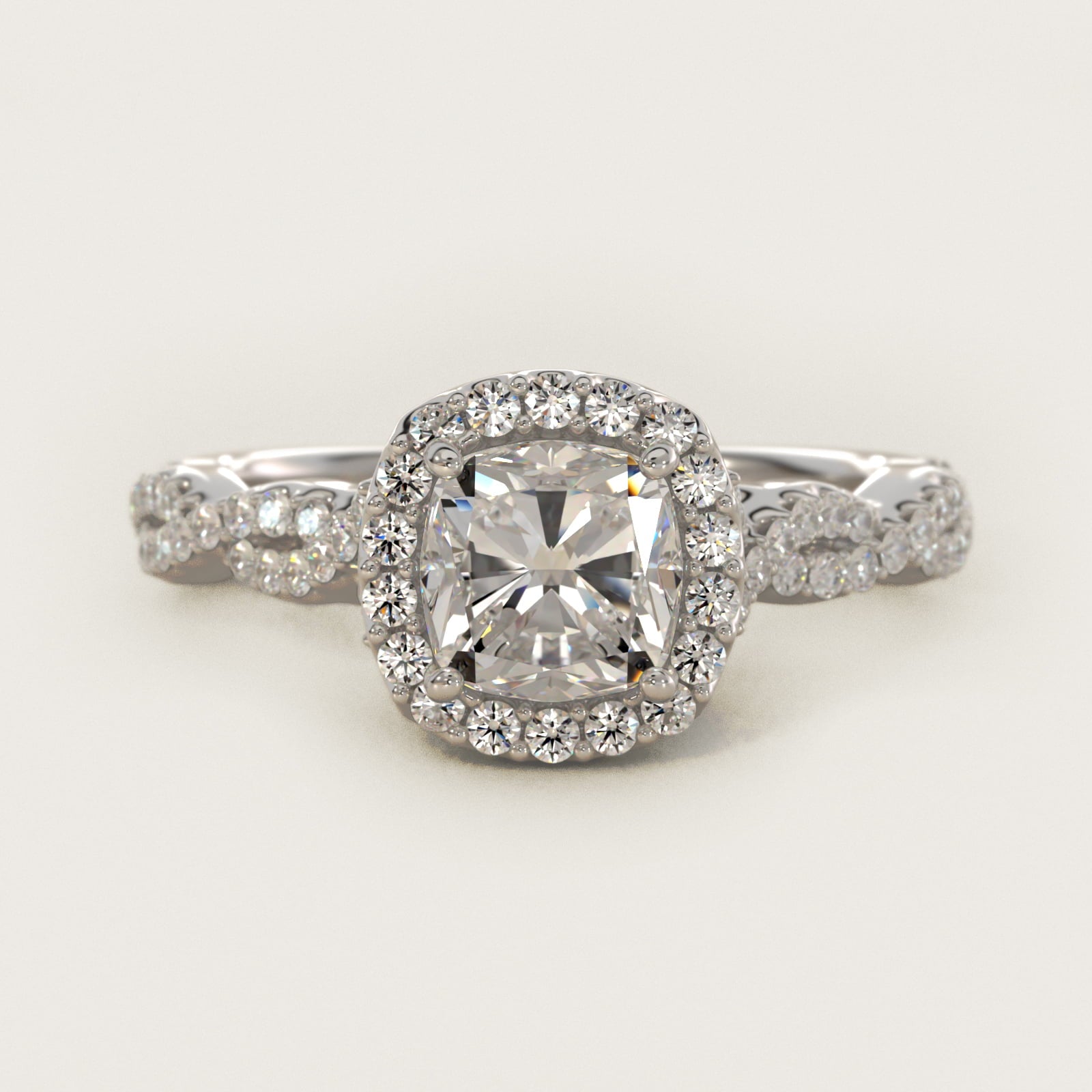 Twisted Band Halo Diamond Engagement Ring in 18k White Gold (1/3 ct. tw.) - Cushion Center