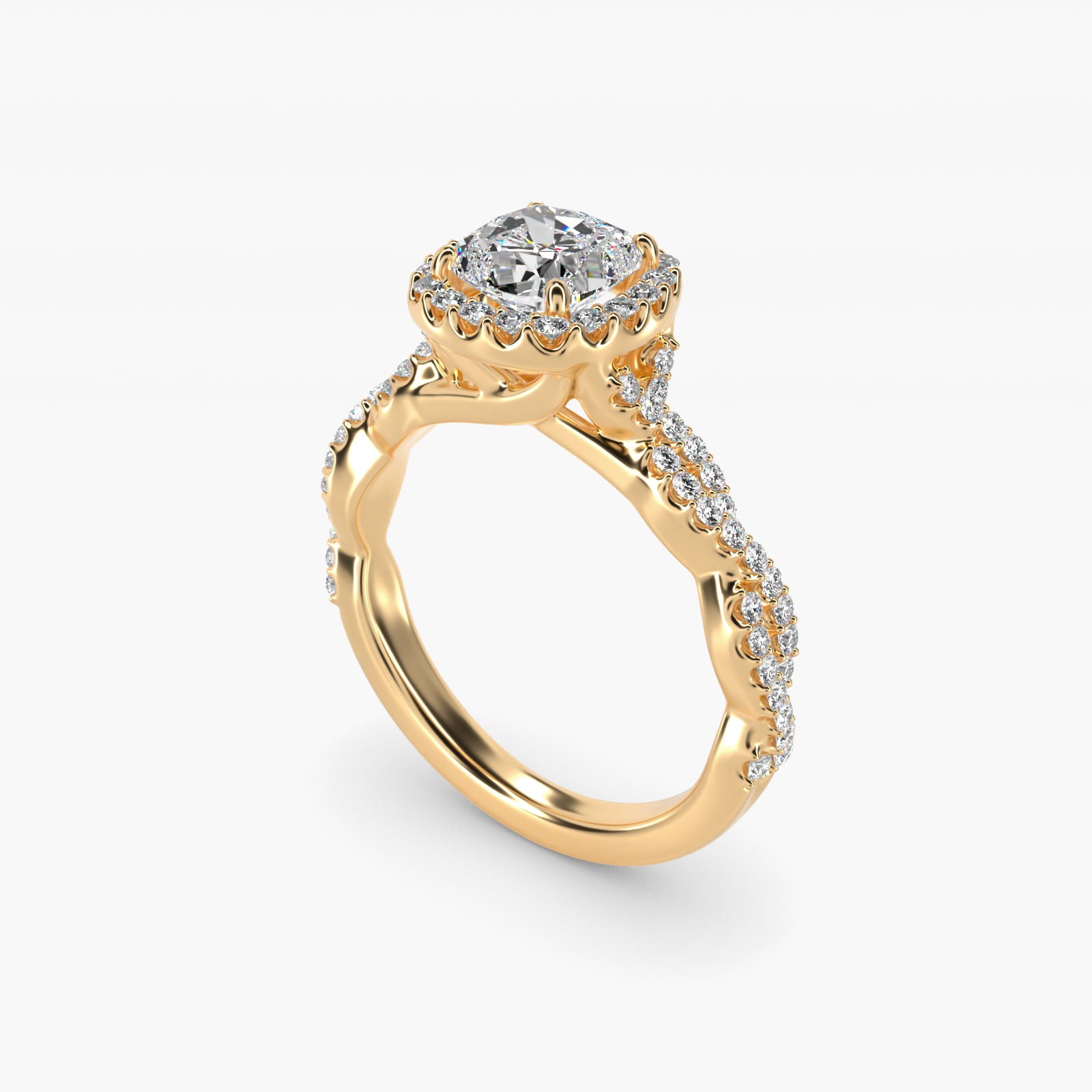Twisted Band Halo Diamond Engagement Ring in 18k Yellow Gold (1/3 ct. tw.) - Cushion Center
