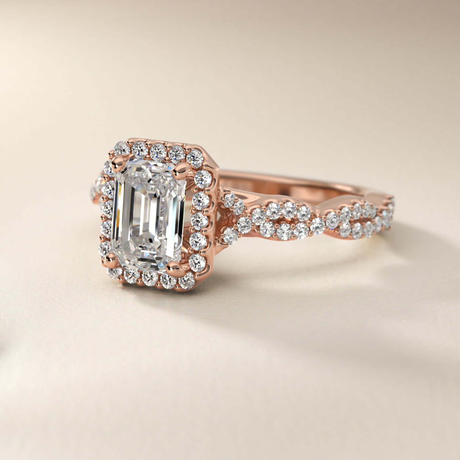 Twisted Band Halo Diamond Engagement Ring in 14k Rose Gold (1/3 ct. tw.) - Emerald Center