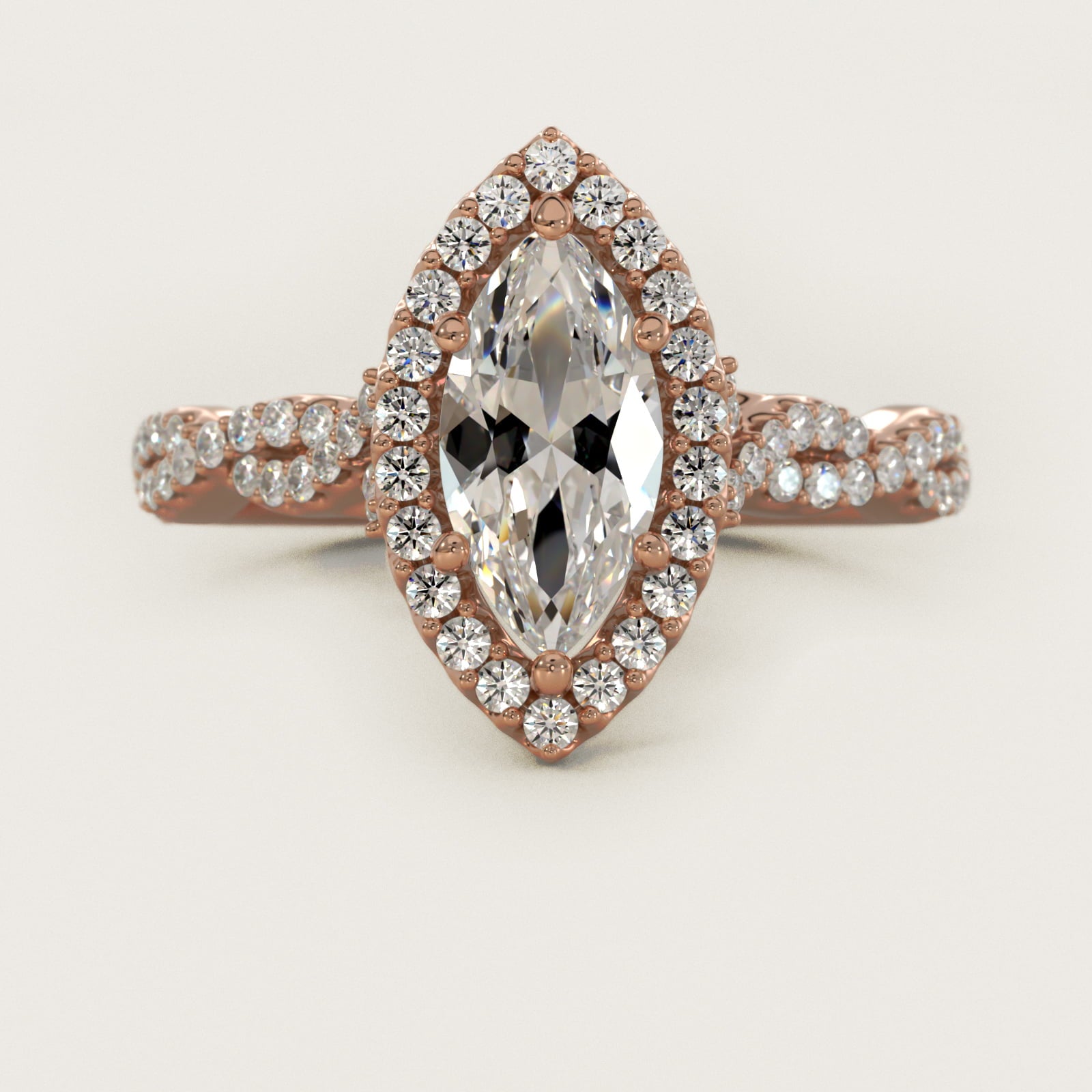 Twisted Band Halo Diamond Engagement Ring in 14k Rose Gold (1/3 ct. tw.) - Marquise Center