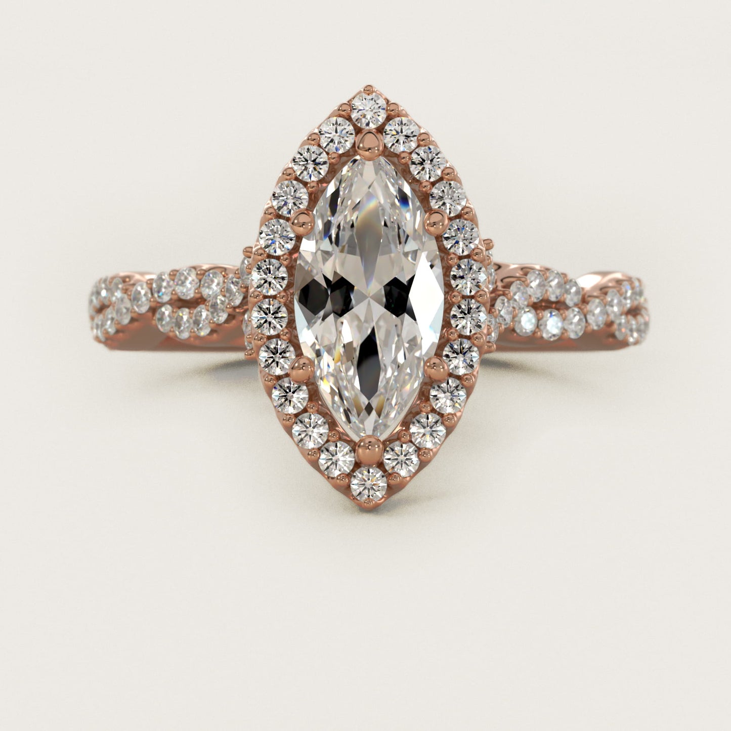Twisted Band Halo Diamond Engagement Ring in 18k Rose Gold (1/3 ct. tw.) - Marquise Center