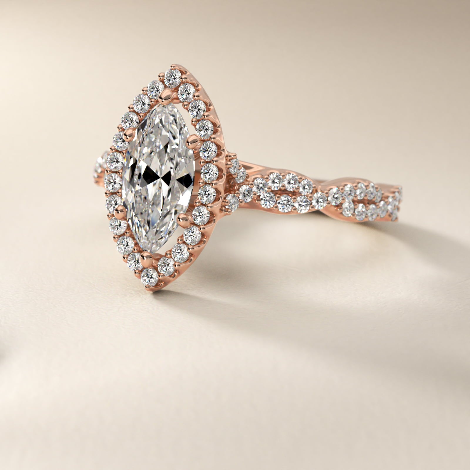 Twisted Band Halo Diamond Engagement Ring in 18k Rose Gold (1/3 ct. tw.) - Marquise Center