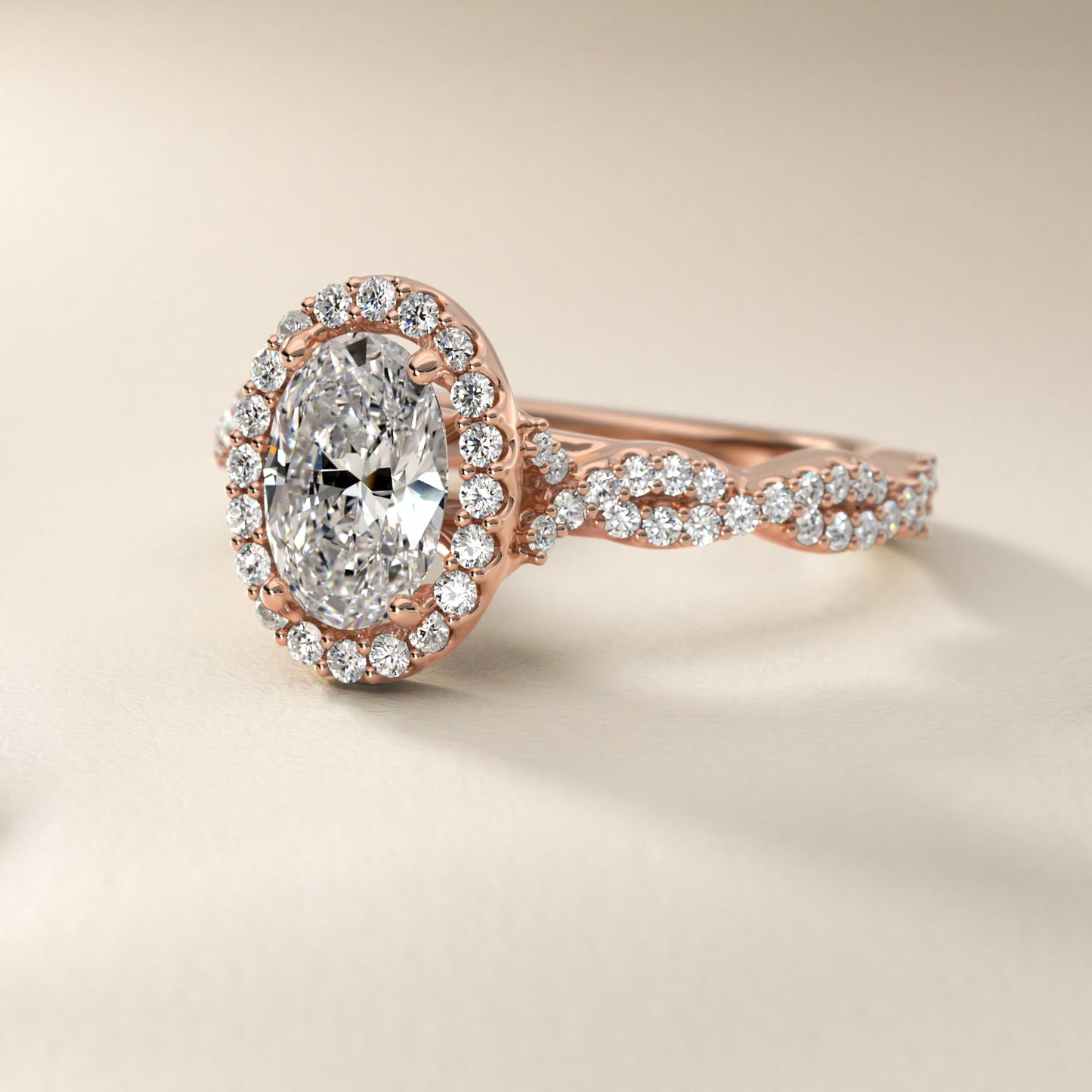 Twisted Band Halo Diamond Engagement Ring in 14k Rose Gold (1/3 ct. tw.) - Oval Center