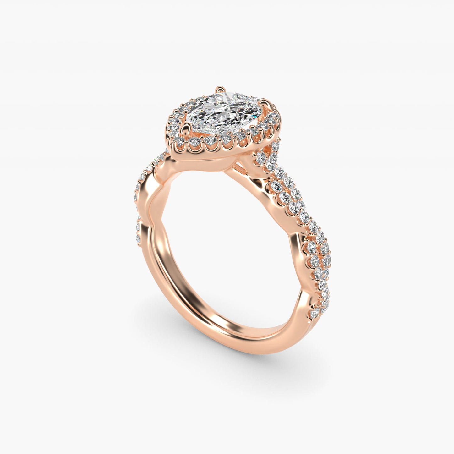 Twisted Band Halo Diamond Engagement Ring in 14k Rose Gold (1/3 ct. tw.) - Pear Center