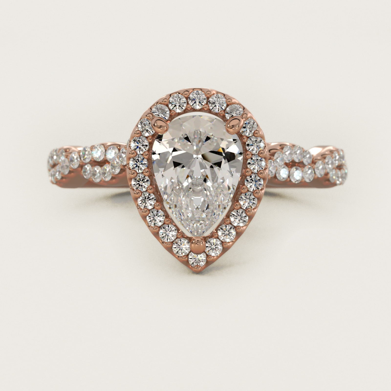 Twisted Band Halo Diamond Engagement Ring in 18k Rose Gold (1/3 ct. tw.) - Pear Center
