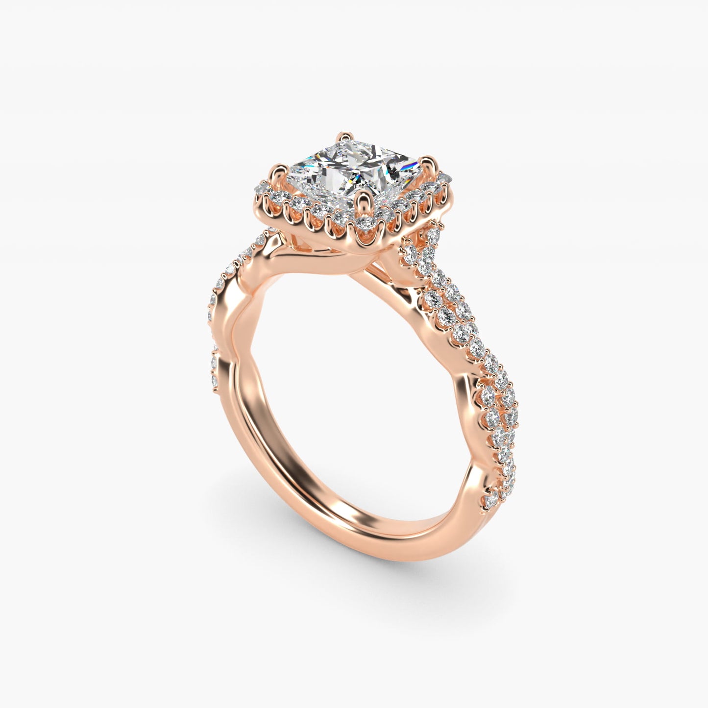 Twisted Band Halo Diamond Engagement Ring in 18k Rose Gold (1/3 ct. tw.) - Princess Center