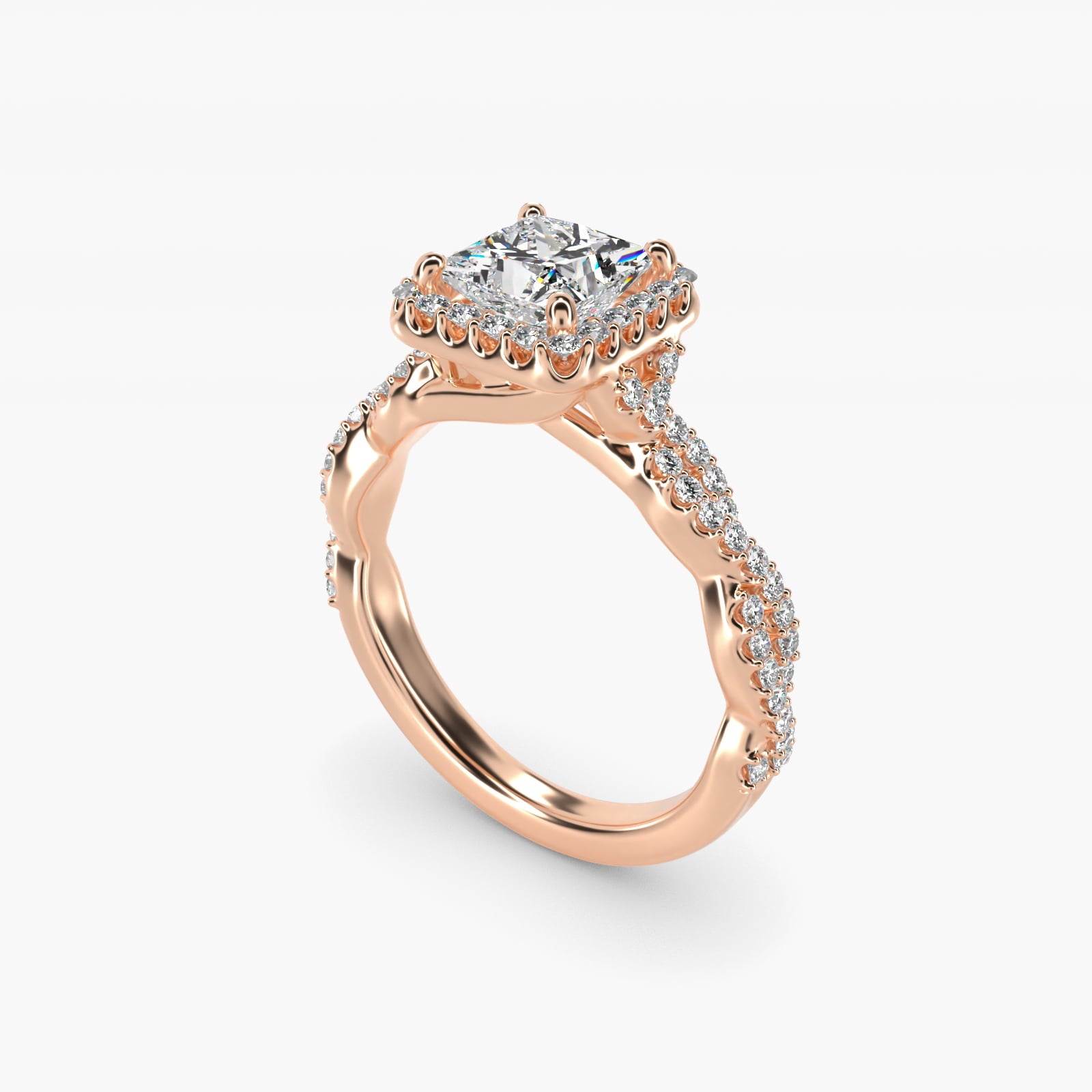 Twisted Band Halo Diamond Engagement Ring in 18k Rose Gold (1/3 ct. tw.) - Princess Center