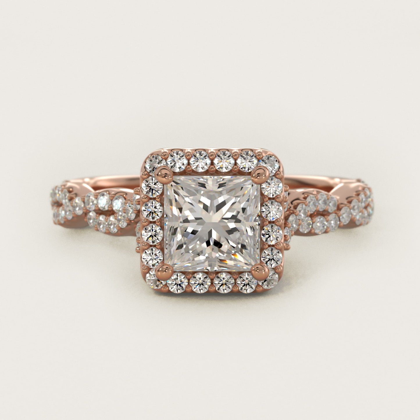 Twisted Band Halo Diamond Engagement Ring in 14k Rose Gold (1/3 ct. tw.) - Princess Center