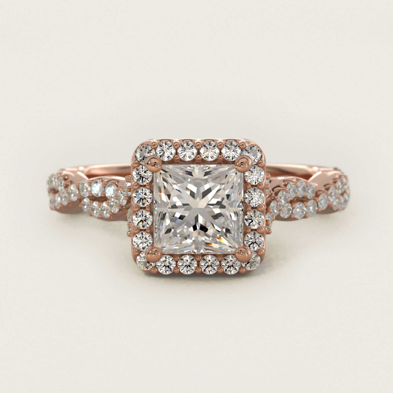 Twisted Band Halo Diamond Engagement Ring in 18k Rose Gold (1/3 ct. tw.) - Princess Center