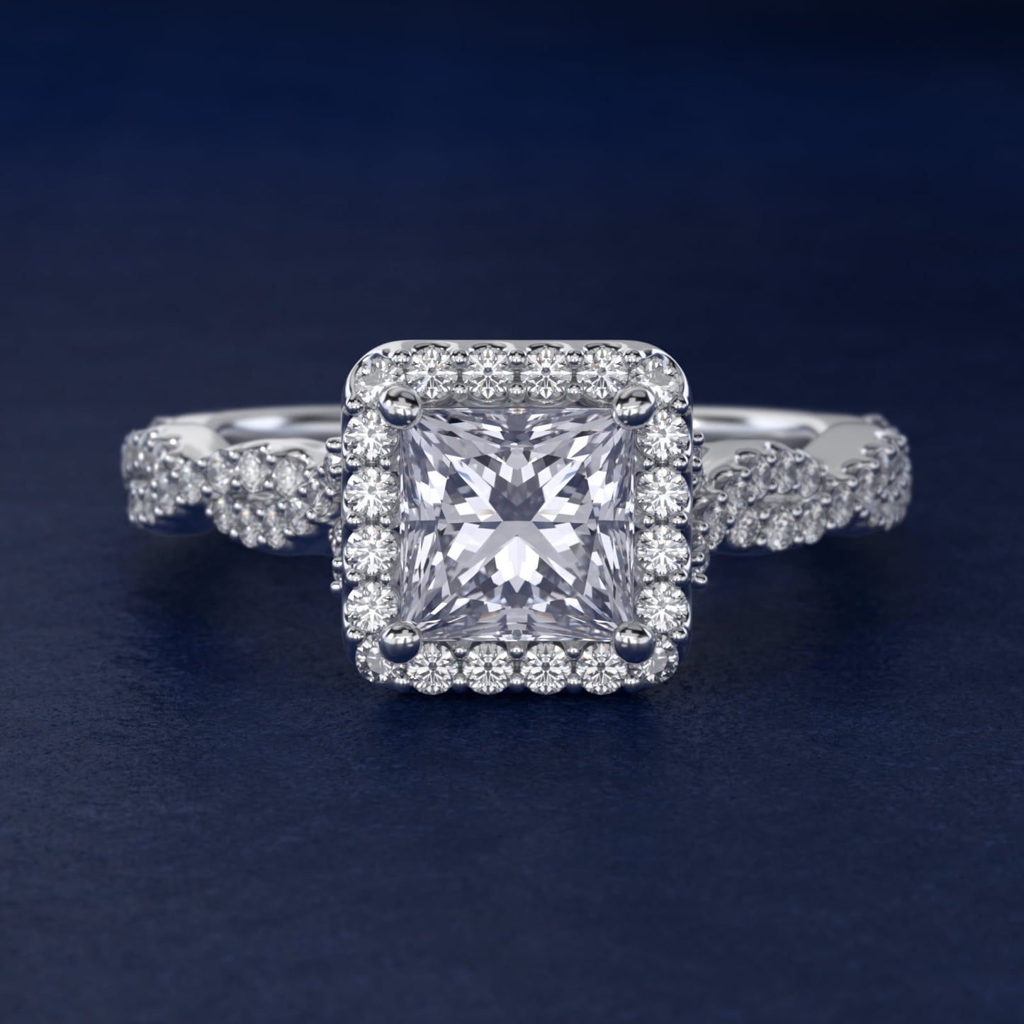 Twisted Band Halo Diamond Engagement Ring in 18k White Gold (1/3 ct. tw.) - Princess Center