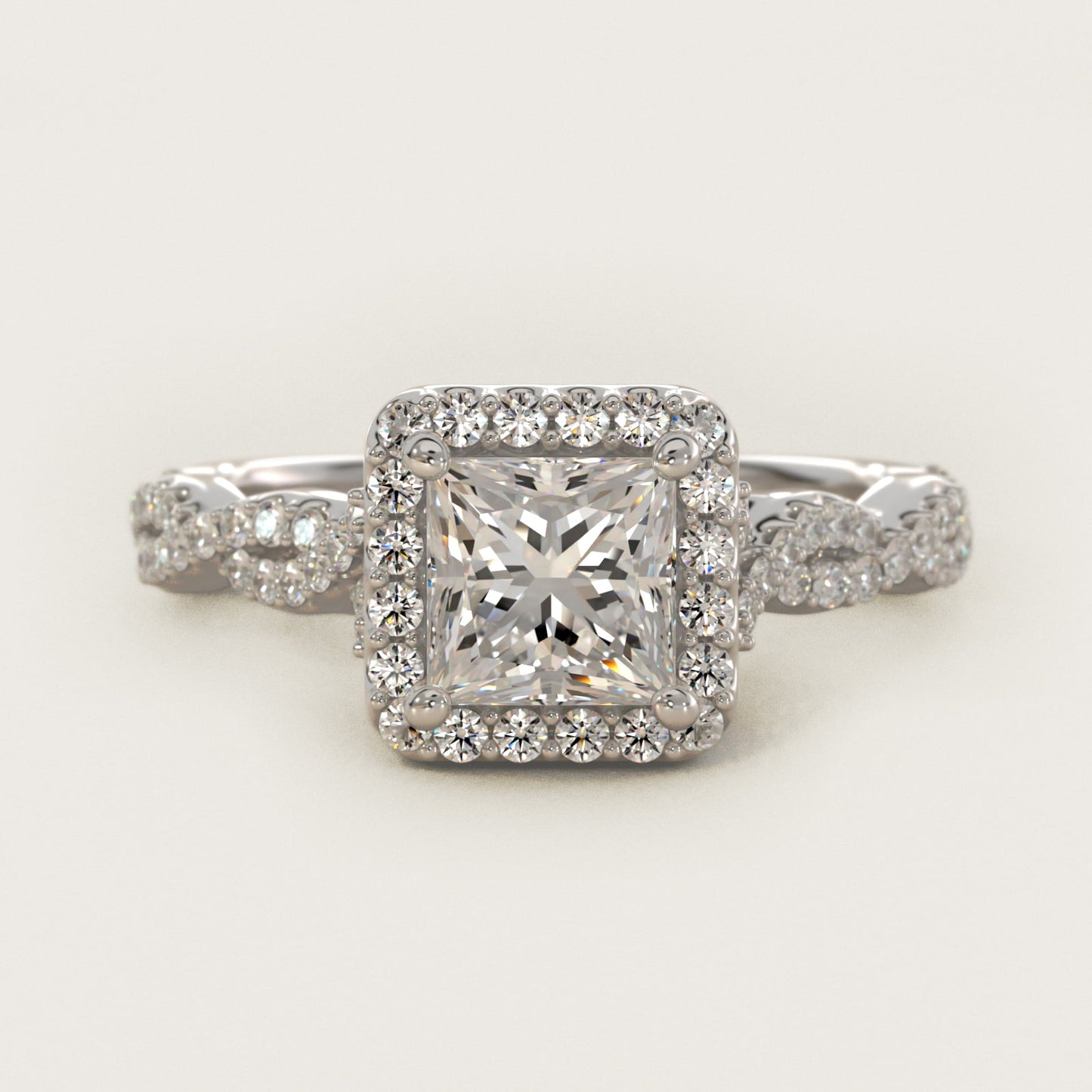 Twisted Band Halo Diamond Engagement Ring in 18k White Gold (1/3 ct. tw.) - Princess Center