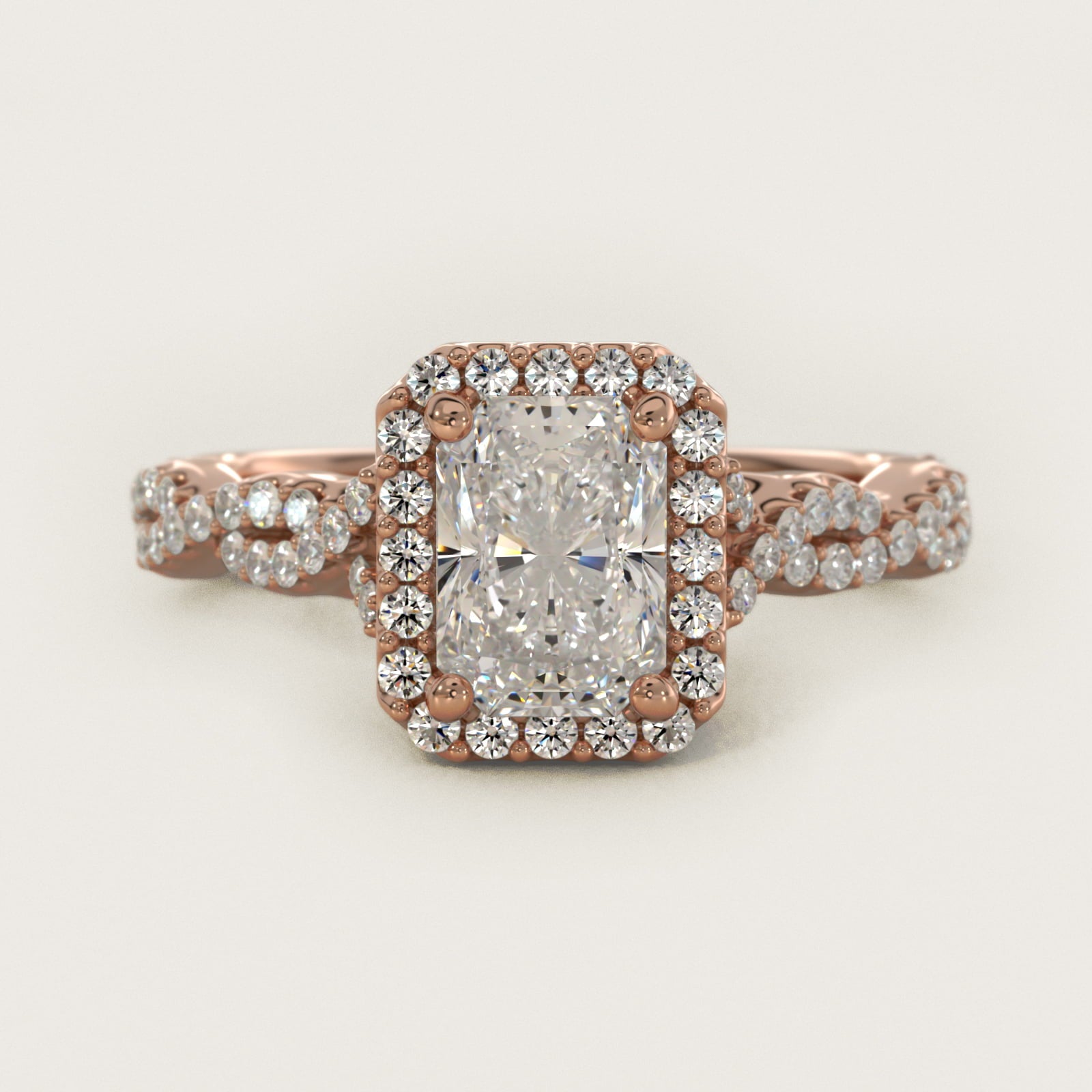 Twisted Band Halo Diamond Engagement Ring in 14k Rose Gold (1/3 ct. tw.) - Radiant Center