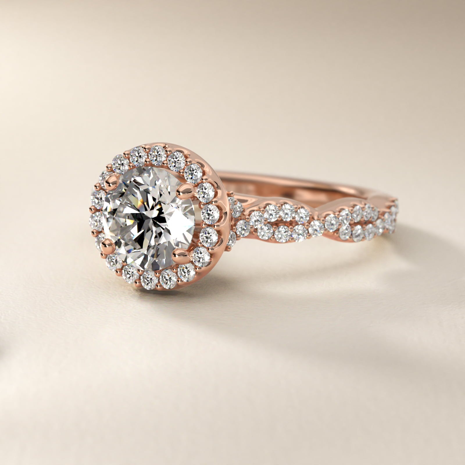 Twisted Band Halo Diamond Engagement Ring in 14k Rose Gold (1/3 ct. tw.) - Round Center