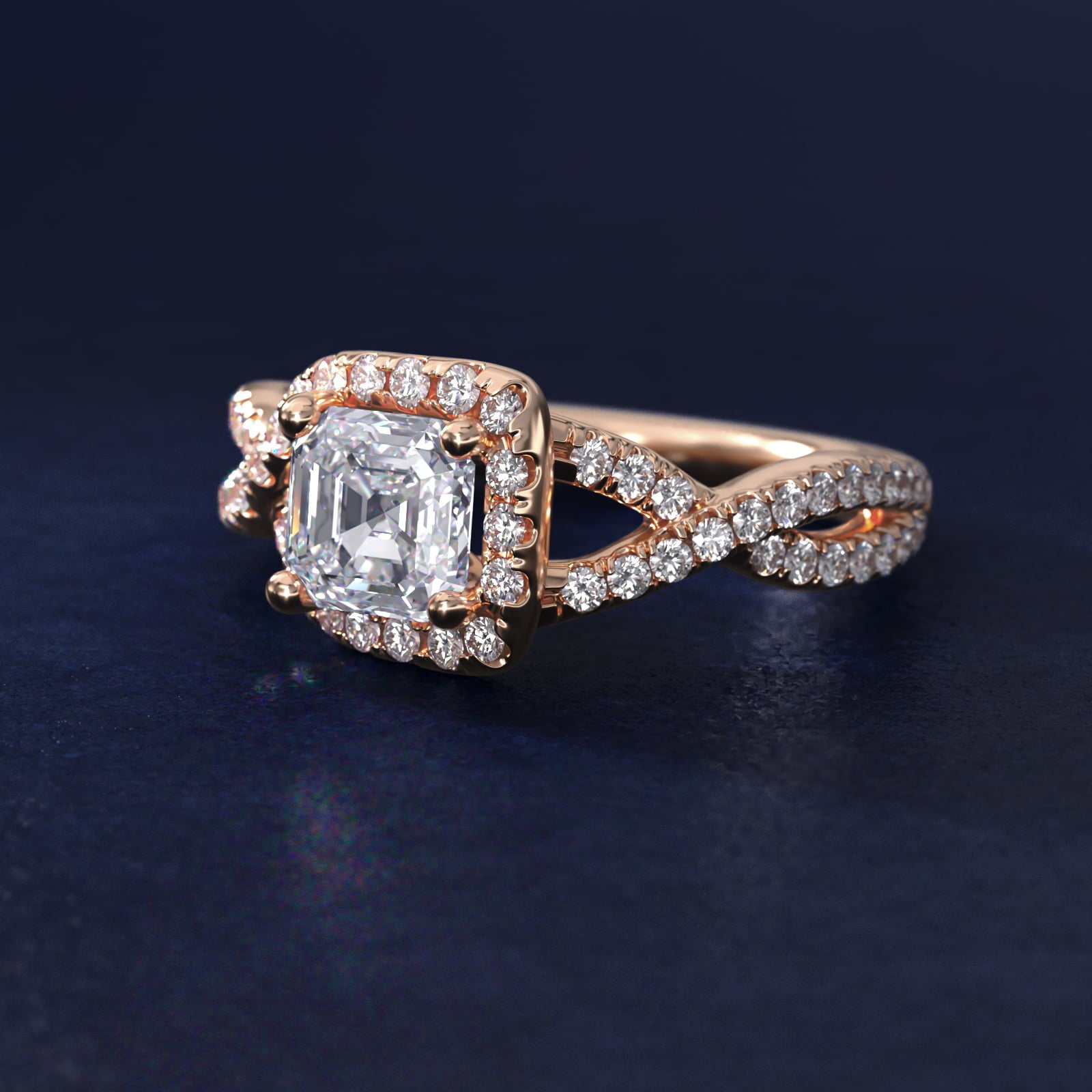 Twisted Halo Diamond Engagement Ring in 14k Rose Gold (1/3 ct tw.) - Asscher Center