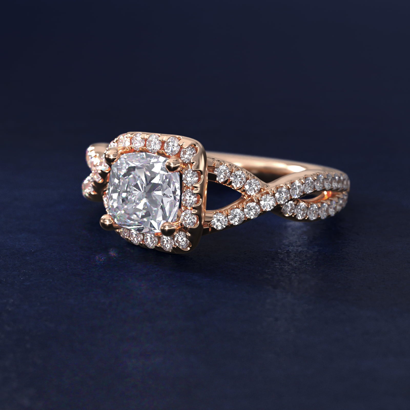 Twisted Halo Diamond Engagement Ring in 18k Rose Gold (1/3 ct tw.) - Cushion Center