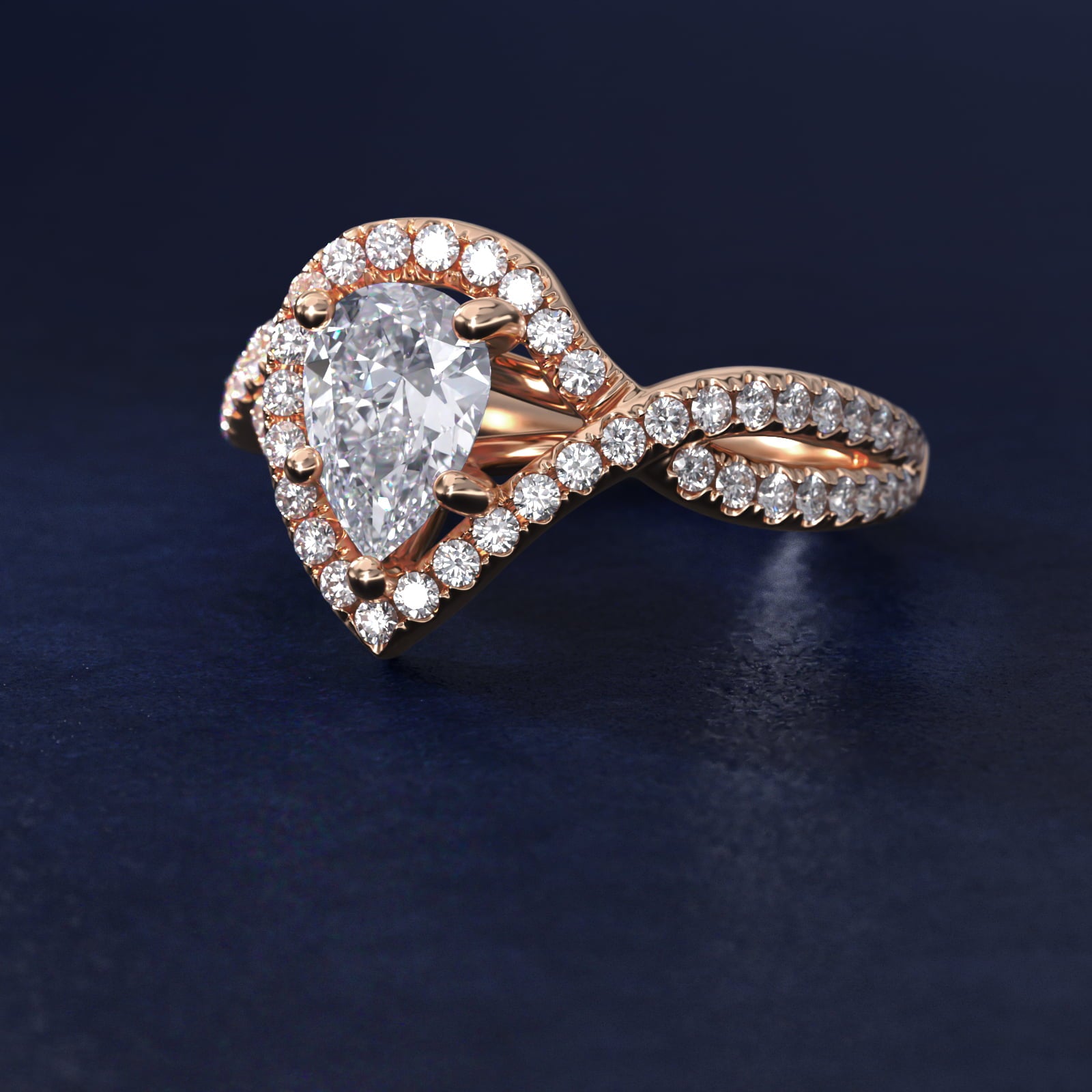 Twisted Halo Diamond Engagement Ring in 14k Rose Gold (1/3 ct tw.) - Pear Center