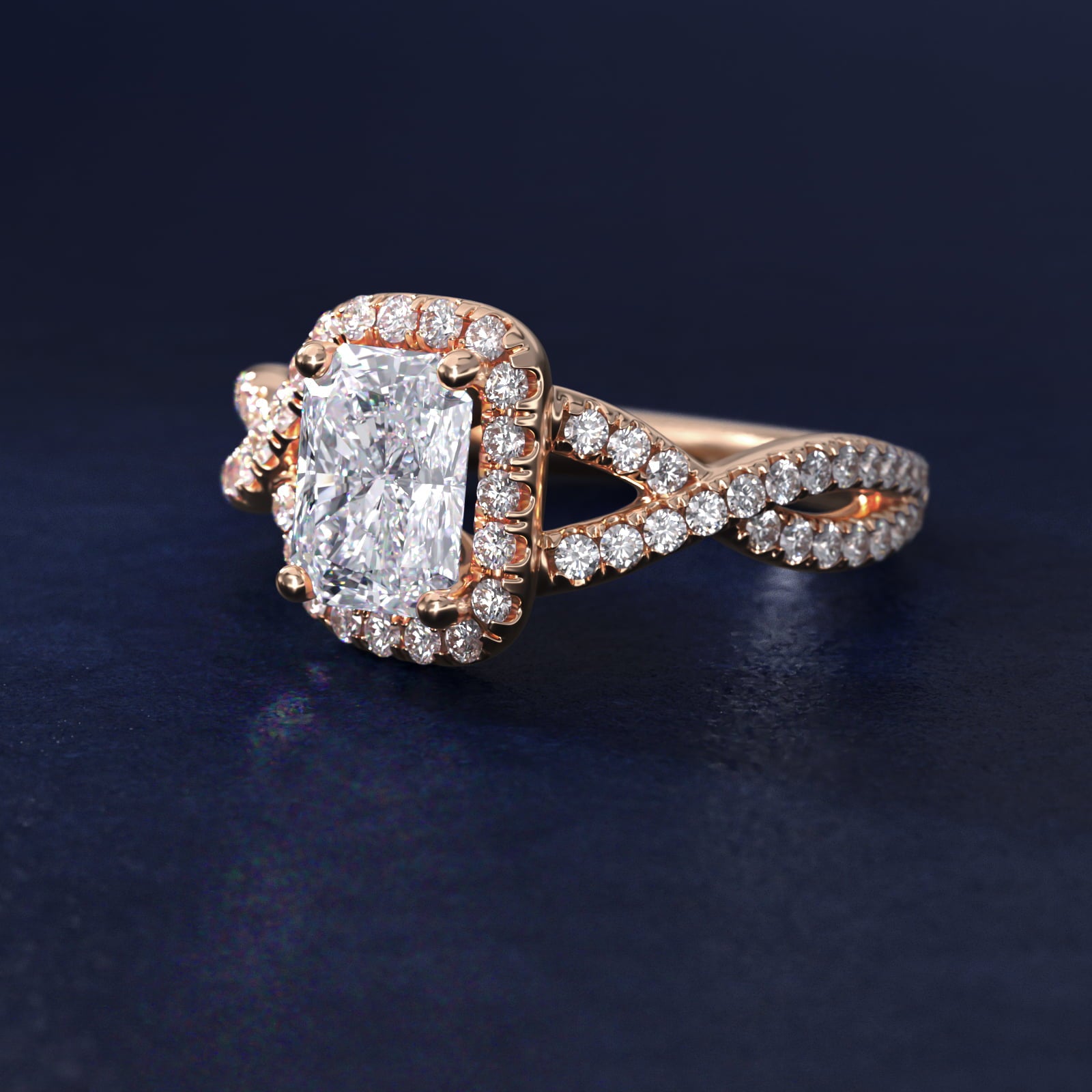 Twisted Halo Diamond Engagement Ring in 18k Rose Gold (1/3 ct tw.) - Radiant Center