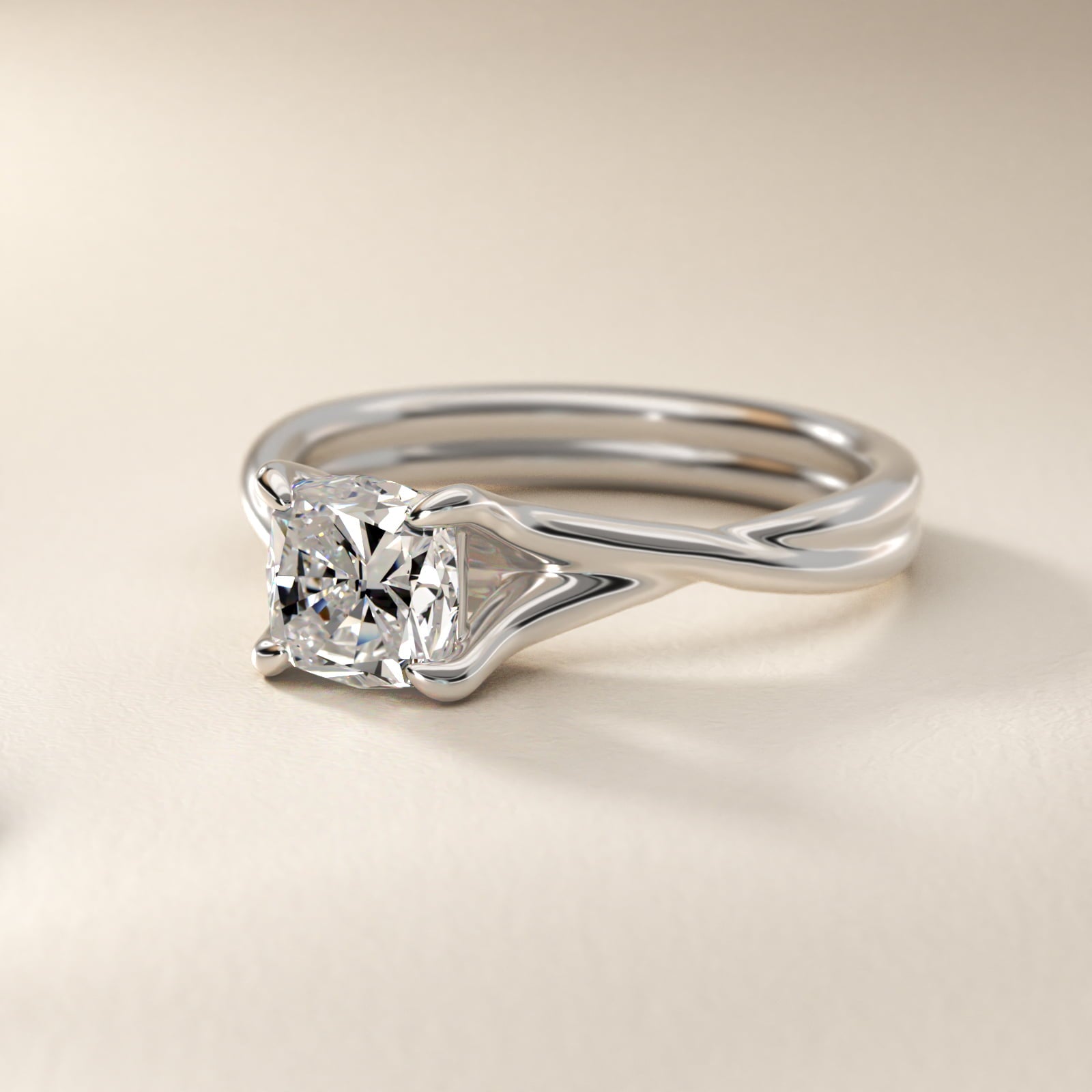 Twisted Shank Contemporary Solitaire Engagement Ring In 14K White Gold By James Allen - Cushion Center