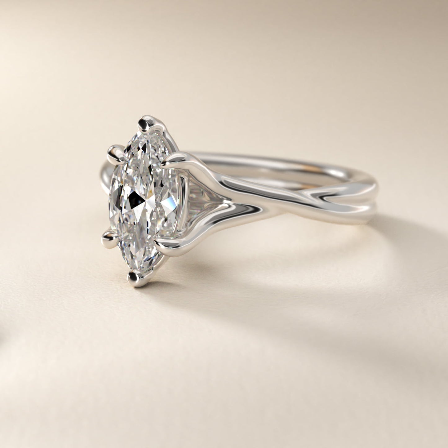 Twisted Shank Contemporary Solitaire Engagement Ring In 18k White Gold By James Allen - Marquise Center