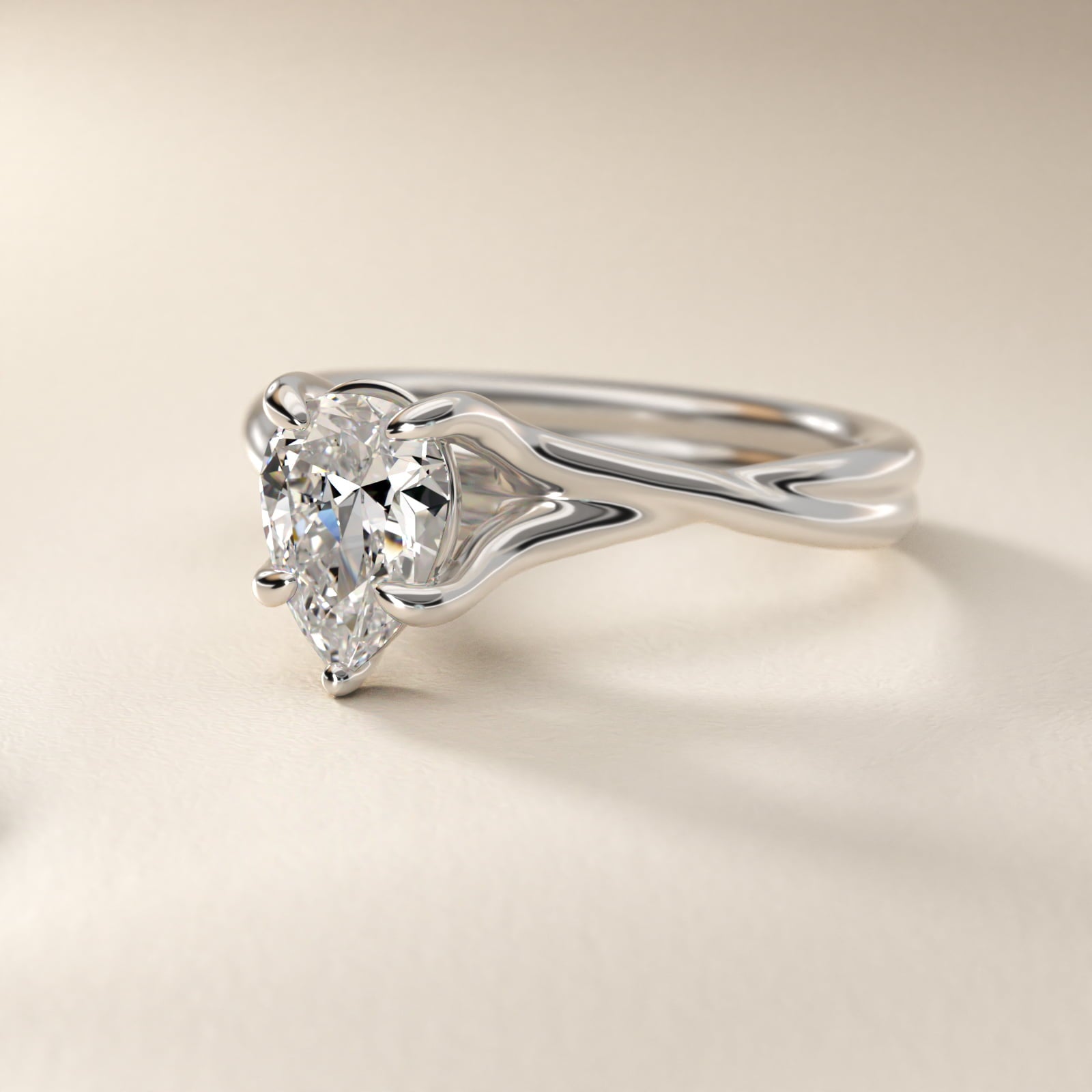 Twisted Shank Contemporary Solitaire Engagement Ring In 14K White Gold By James Allen - Pear Center