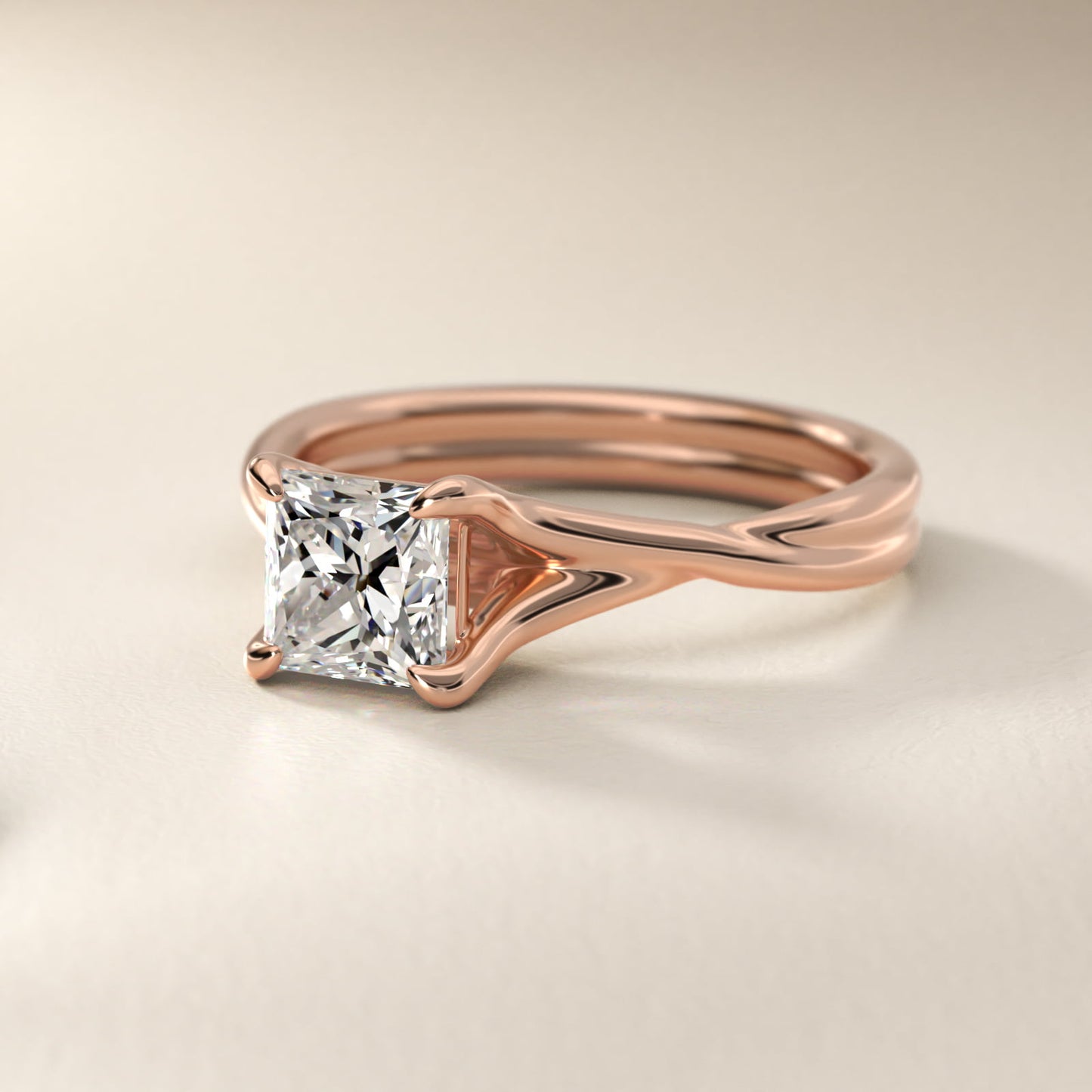 Twisted Shank Contemporary Solitaire Engagement Ring In 14K Rose Gold By James Allen - Princess Center