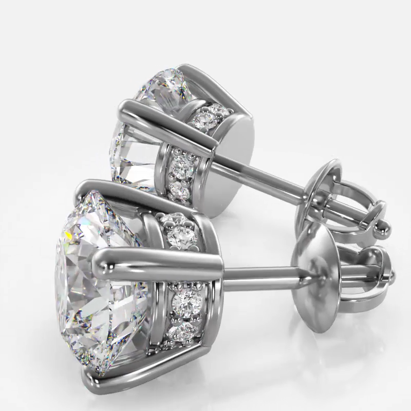 Stud Earrings with Side Hidden Halo Diamonds - 14K Yellow Gold