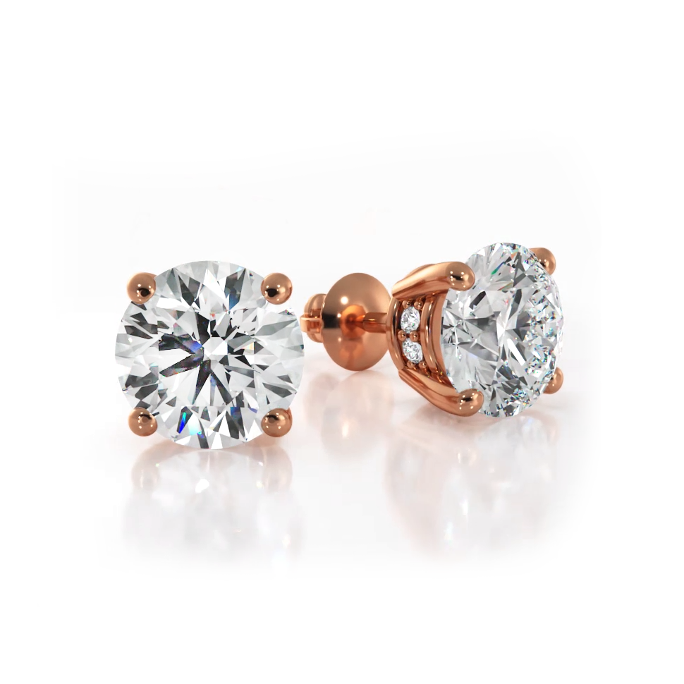 Stud Earrings with Side Hidden Halo Diamonds - 18K Yellow Gold