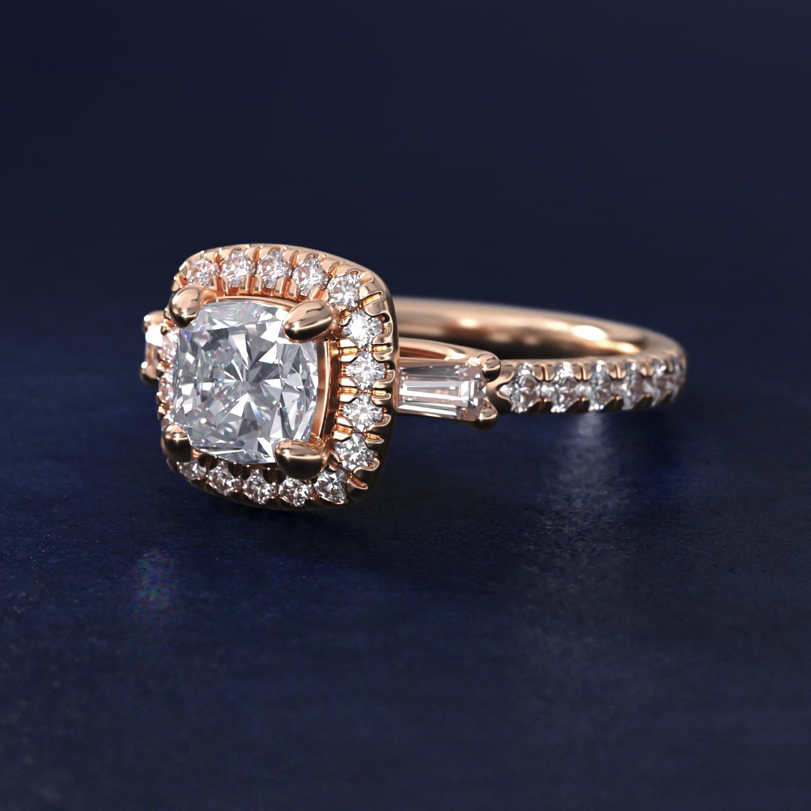 Vintage Baguette Halo Diamond Engagement Ring in 18k Rose Gold (1/2 ct. tw.) By Zac Zac Posen - Cushion Center