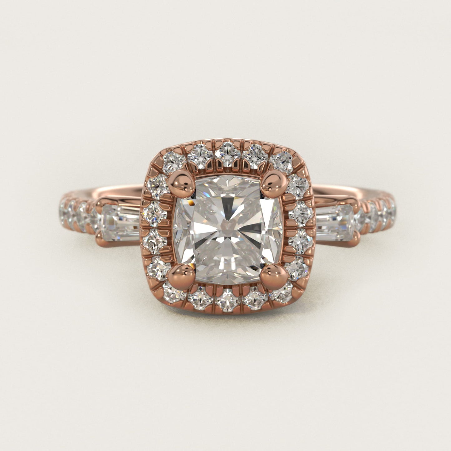 Vintage Baguette Halo Diamond Engagement Ring in 14k Rose Gold (1/2 ct. tw.) By Zac Zac Posen - Cushion Center