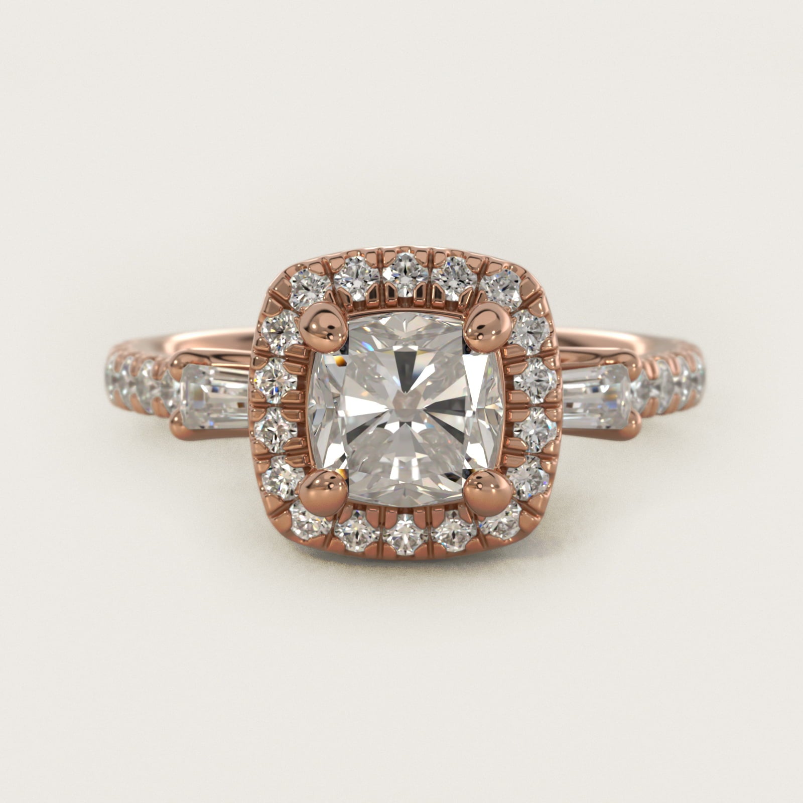 Vintage Baguette Halo Diamond Engagement Ring in 14k Rose Gold (1/2 ct. tw.) By Zac Zac Posen - Cushion Center