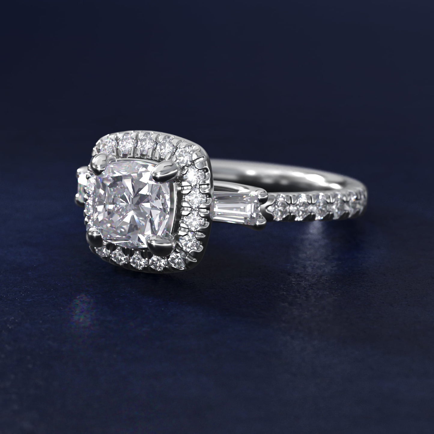 Vintage Baguette Halo Diamond Engagement Ring in 14k White Gold (1/2 ct. tw.) By Zac Zac Posen - Cushion Center