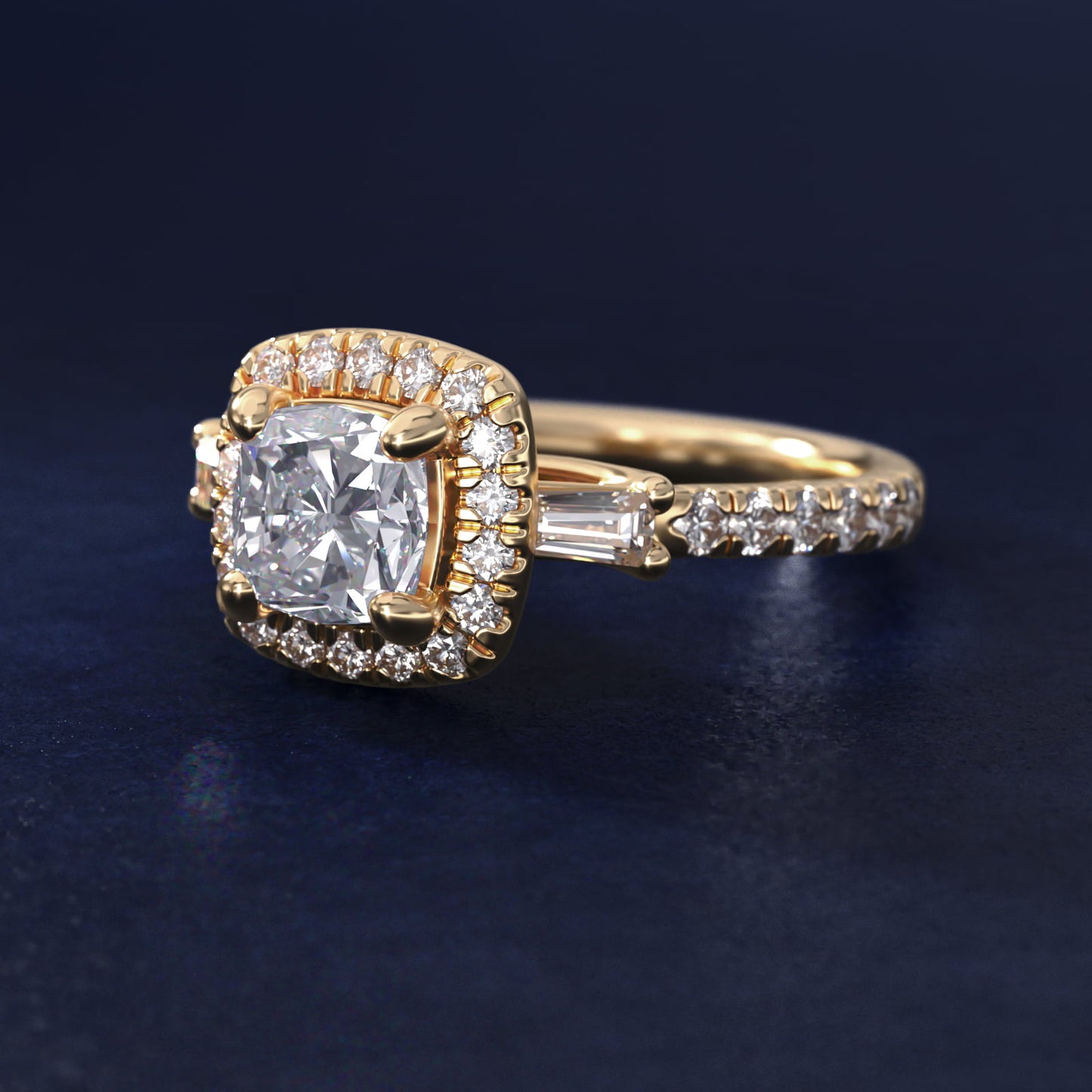 Vintage Baguette Halo Diamond Engagement Ring in 14K Yellow Gold (1/2 ct. tw.) By Zac Zac Posen - Cushion Center
