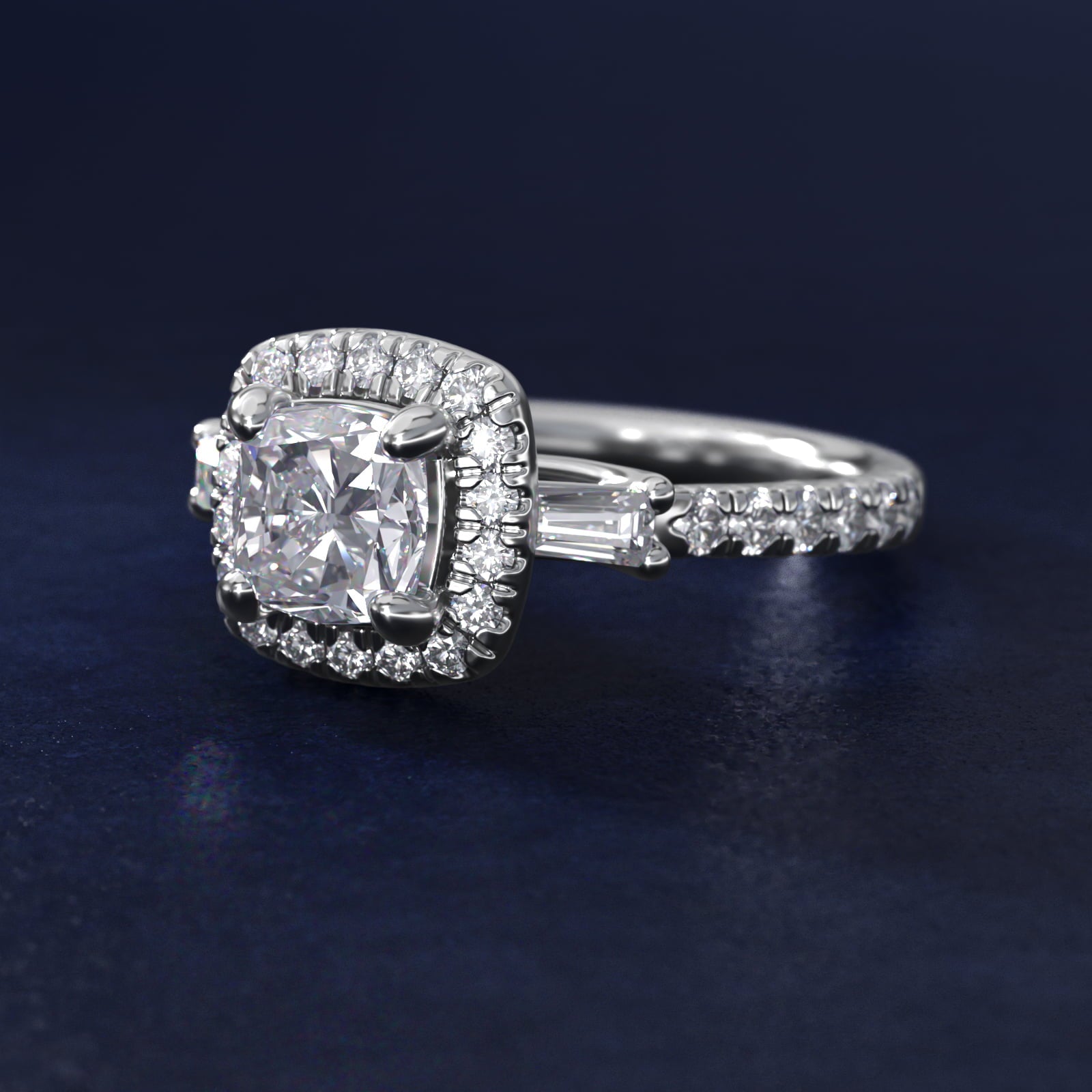 Vintage Baguette Halo Diamond Engagement Ring in Platinum (1/2 ct. tw.) By Zac Zac Posen - Cushion Center
