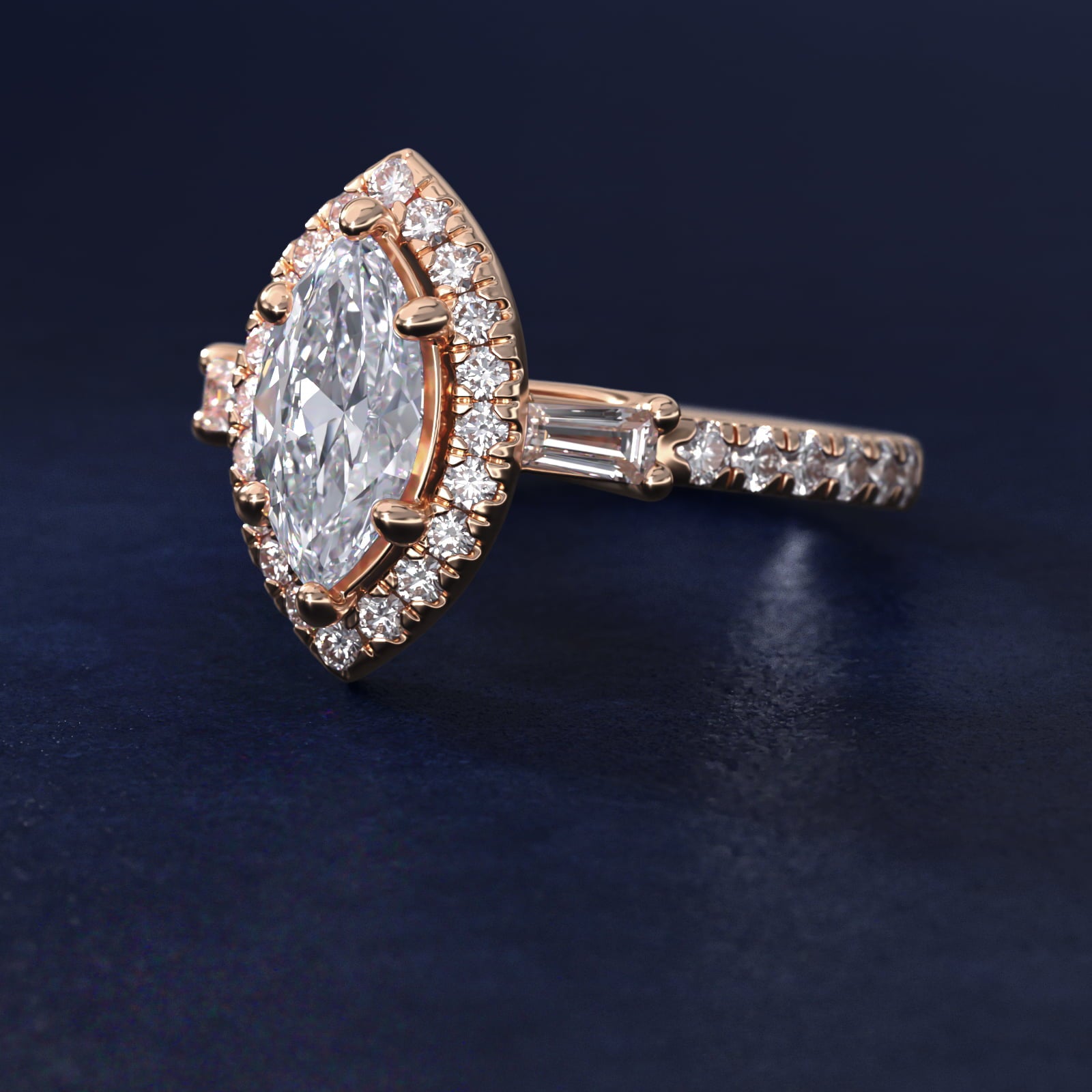 Vintage Baguette Halo Diamond Engagement Ring in 18k Rose Gold (1/2 ct. tw.) By Zac Zac Posen - Marquise Center