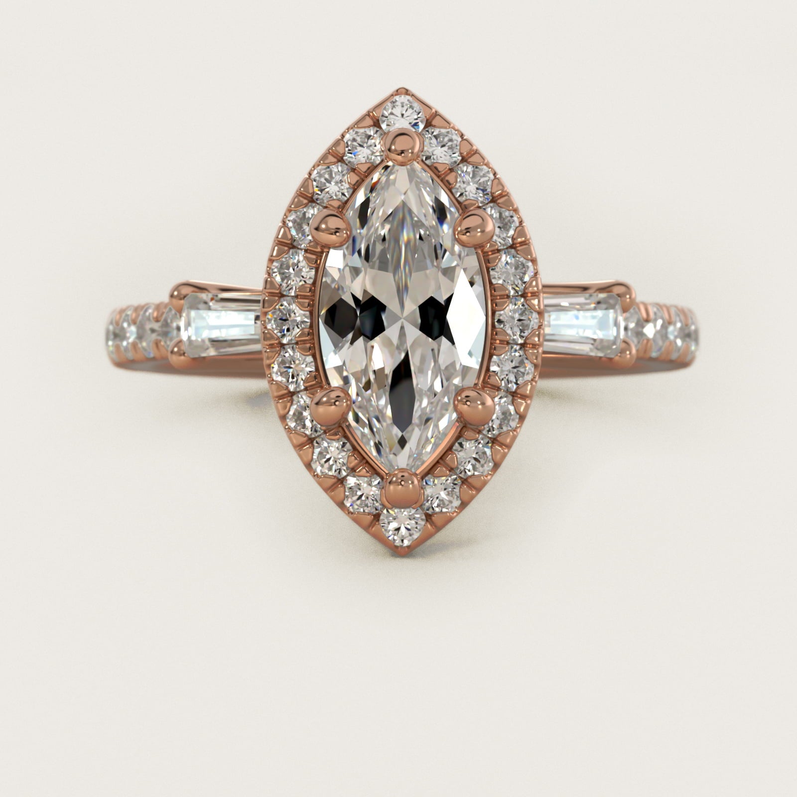 Vintage Baguette Halo Diamond Engagement Ring in 14k Rose Gold (1/2 ct. tw.) By Zac Zac Posen - Marquise Center