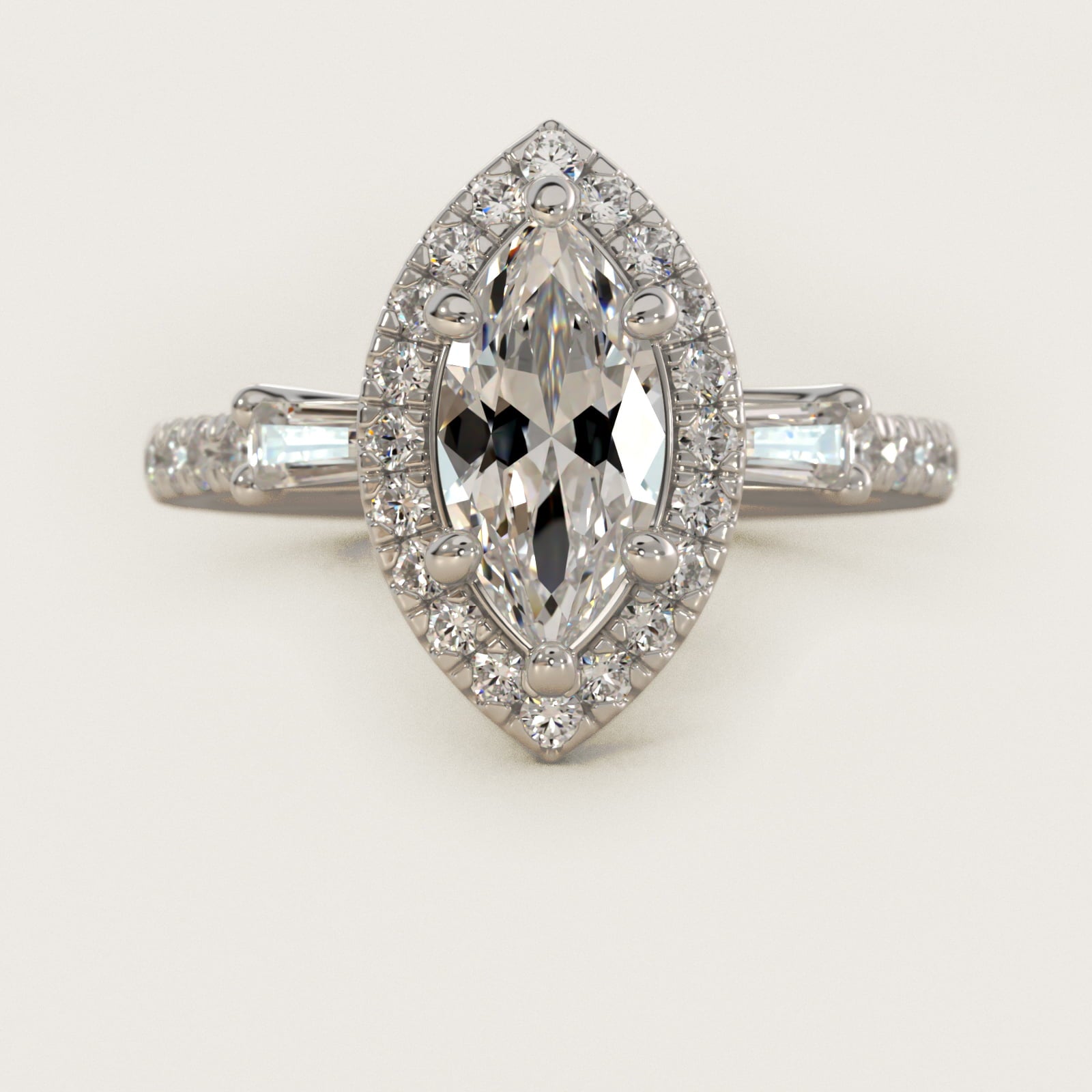 Vintage Baguette Halo Diamond Engagement Ring in 18k White Gold (1/2 ct. tw.) By Zac Zac Posen - Marquise Center
