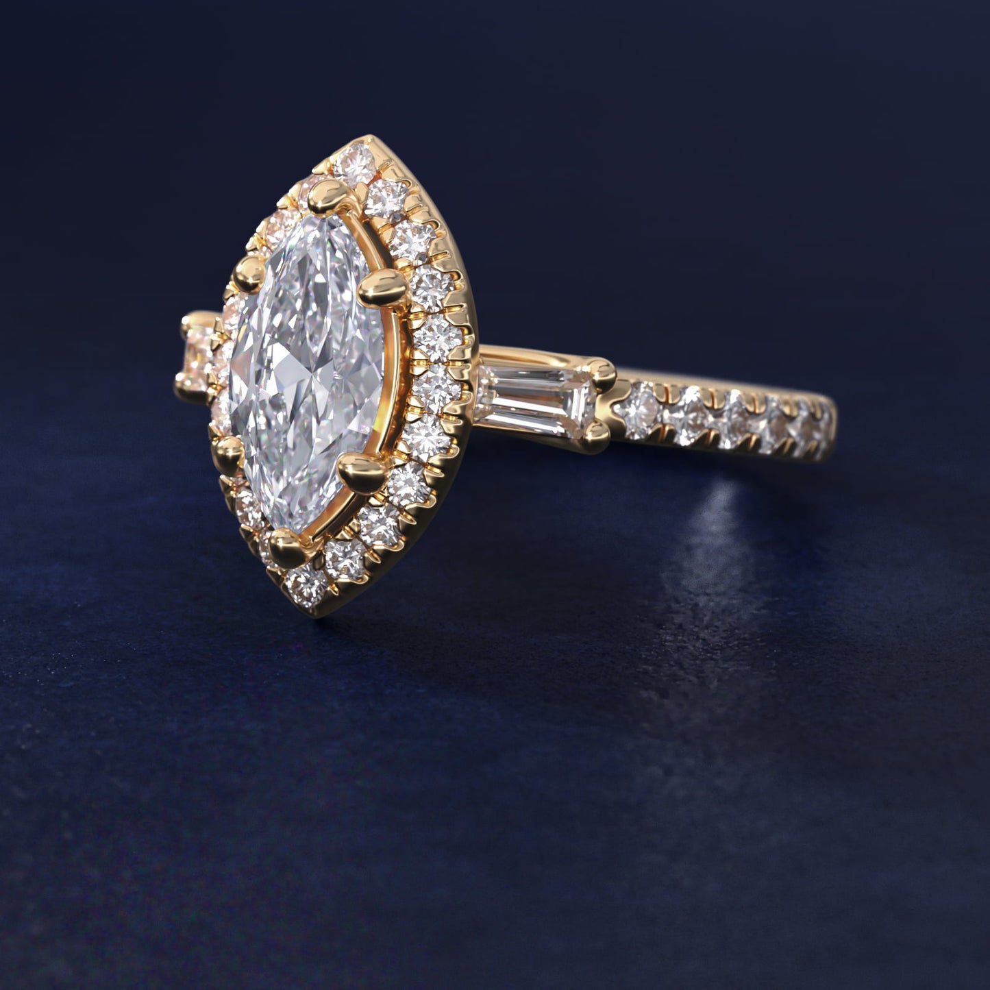 Vintage Baguette Halo Diamond Engagement Ring in 18k Yellow Gold (1/2 ct. tw.) By Zac Zac Posen - Marquise Center