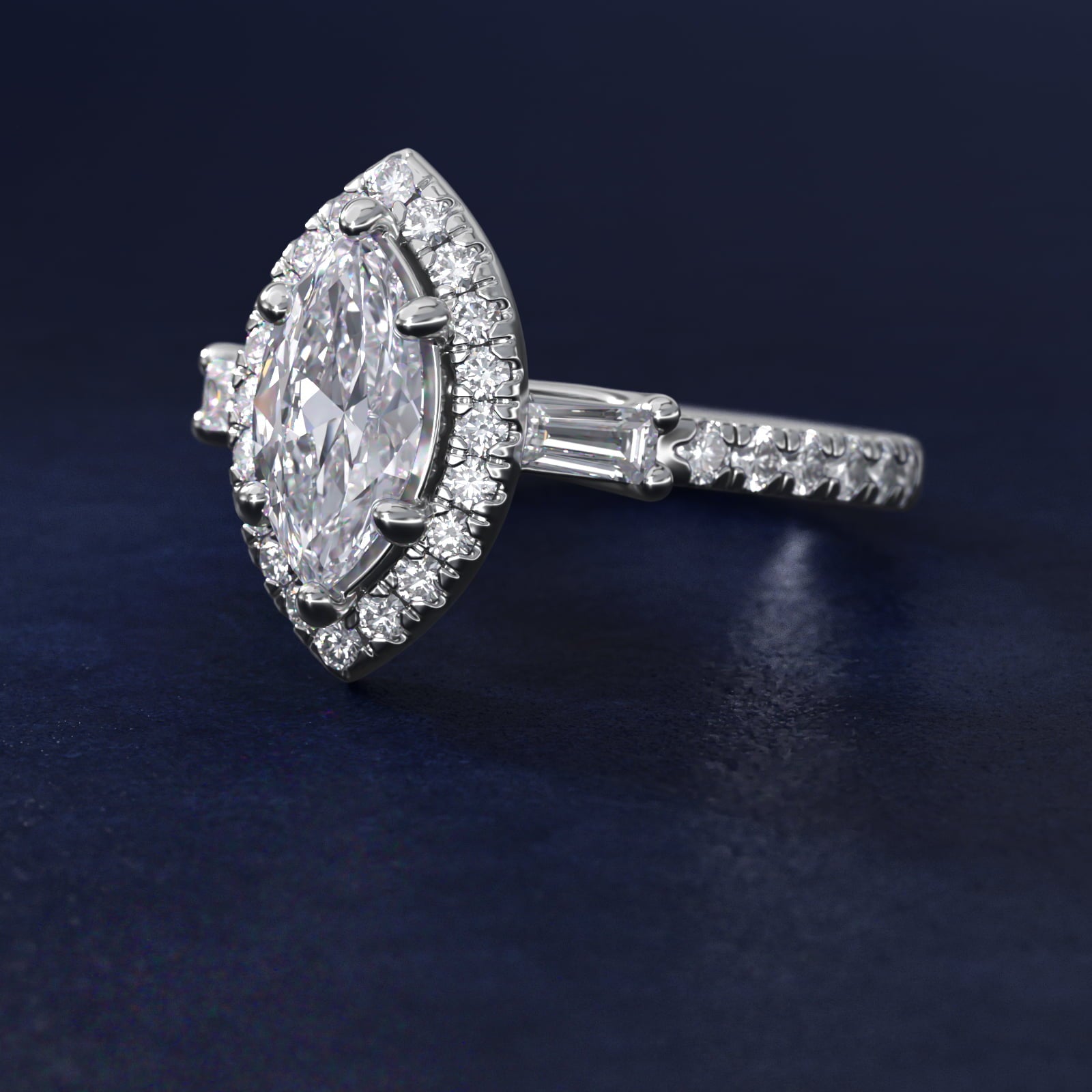 Vintage Baguette Halo Diamond Engagement Ring in Platinum (1/2 ct. tw.) By Zac Zac Posen - Marquise Center