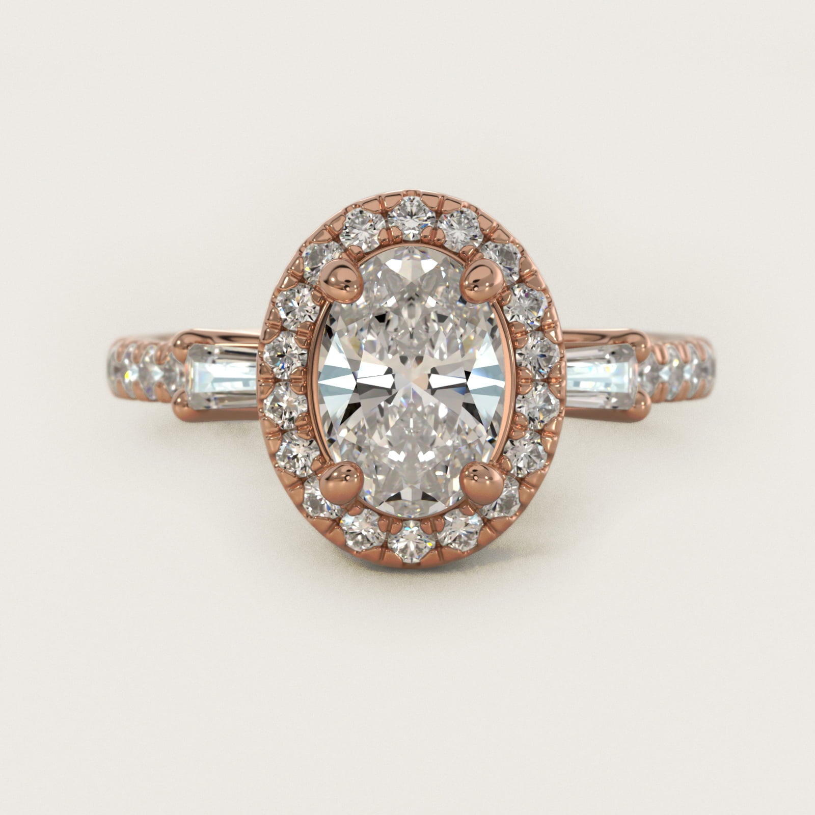 Vintage Baguette Halo Diamond Engagement Ring in 18k Rose Gold (1/2 ct. tw.) By Zac Zac Posen - Oval Center