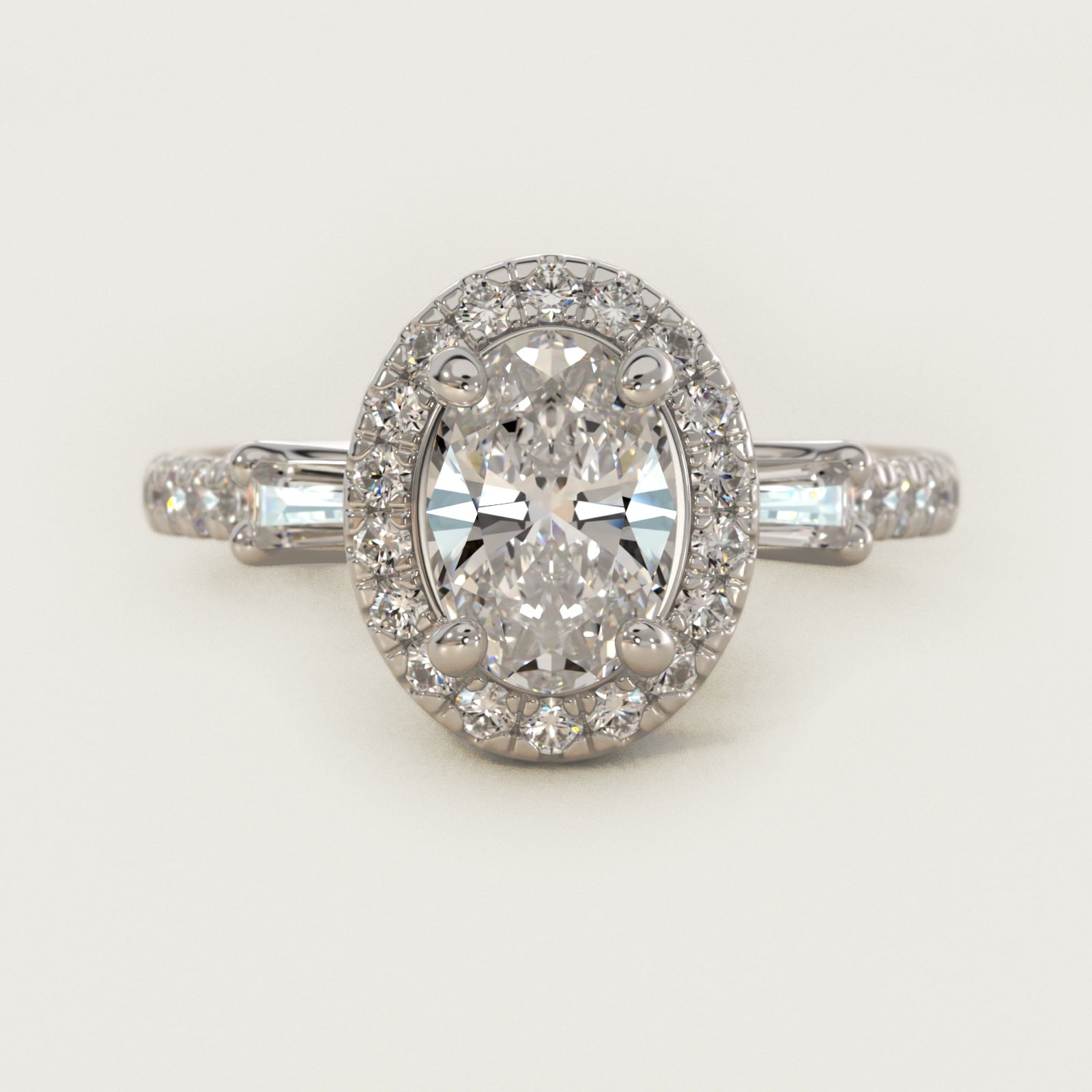 Vintage Baguette Halo Diamond Engagement Ring in 18k White Gold (1/2 ct. tw.) By Zac Zac Posen - Oval Center