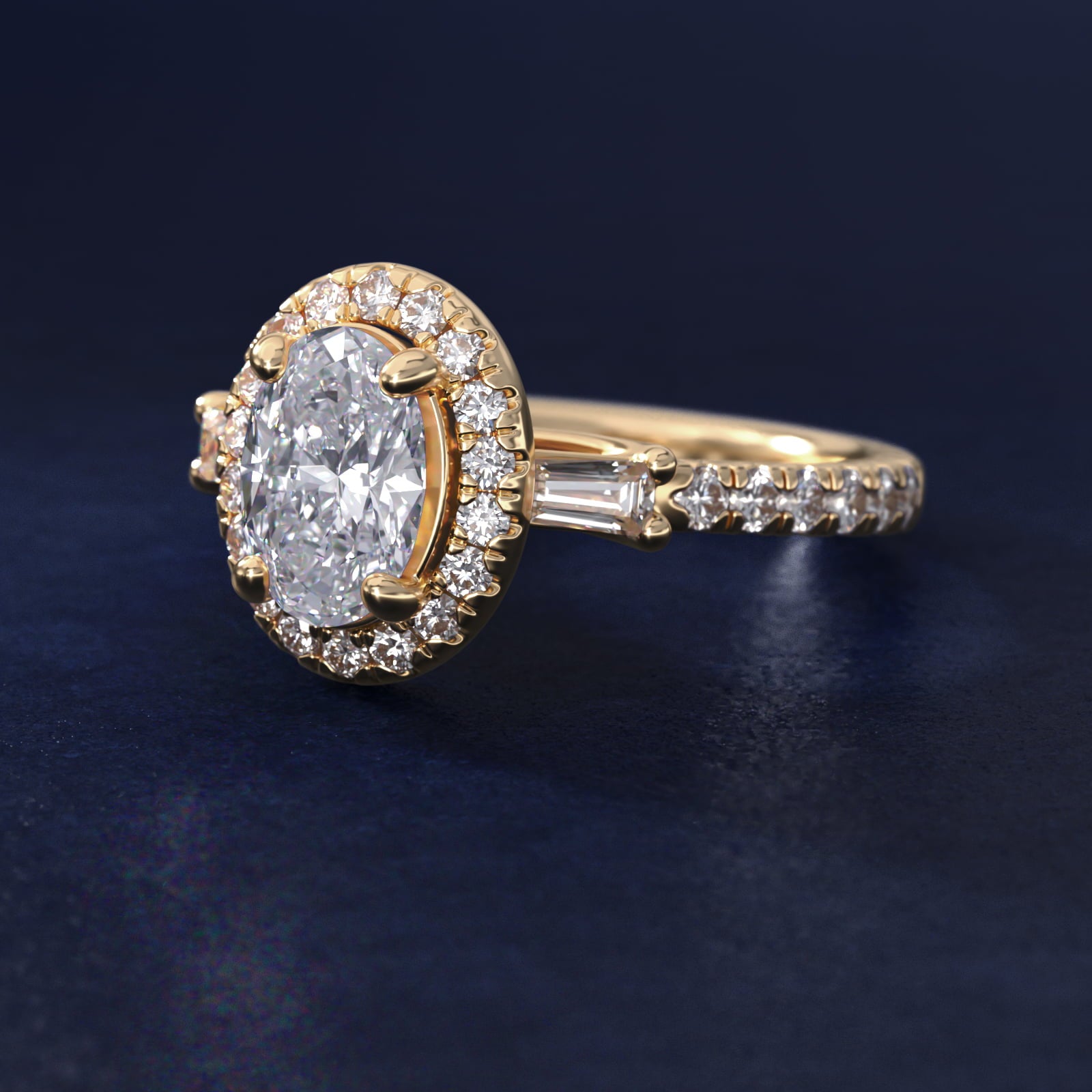 Vintage Baguette Halo Diamond Engagement Ring in 14K Yellow Gold (1/2 ct. tw.) By Zac Zac Posen - Oval Center