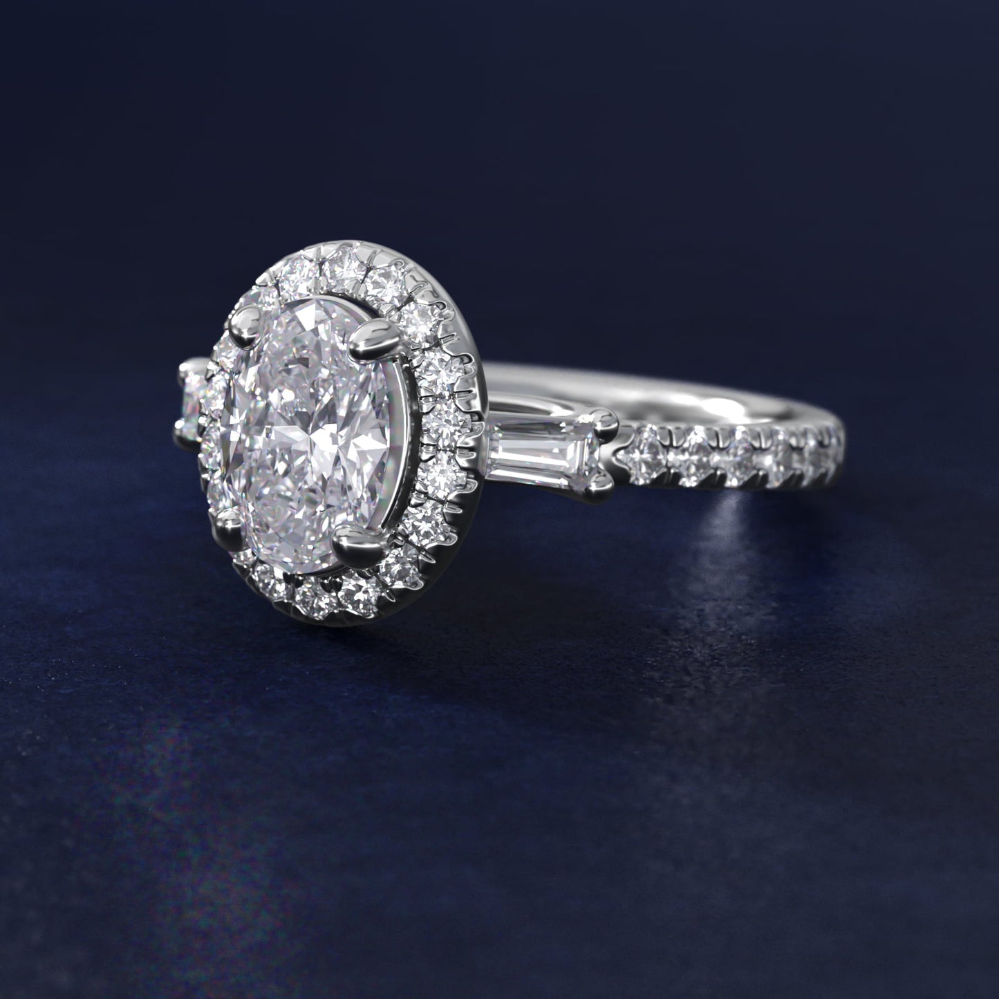 Vintage Baguette Halo Diamond Engagement Ring in Platinum (1/2 ct. tw.) By Zac Zac Posen - Oval Center