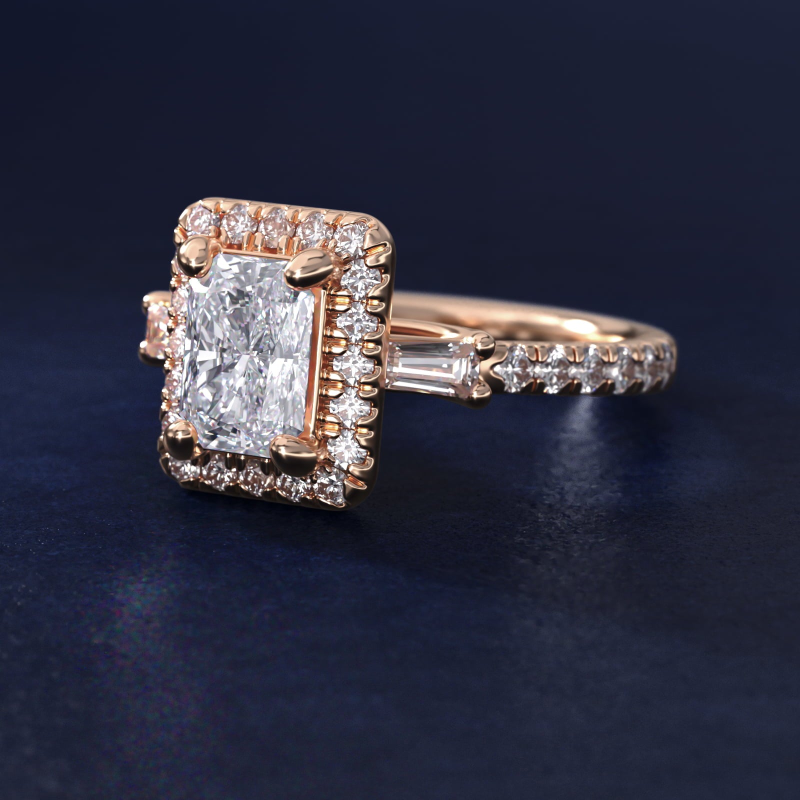 Vintage Baguette Halo Diamond Engagement Ring in 14k Rose Gold (1/2 ct. tw.) By Zac Zac Posen - Radiant Center