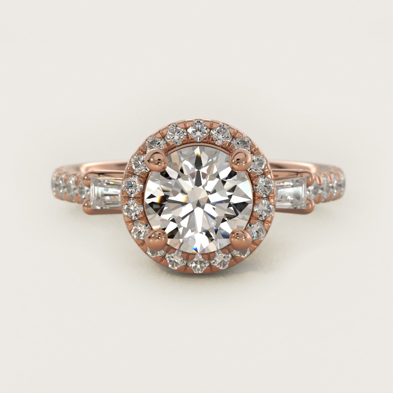 Vintage Baguette Halo Diamond Engagement Ring in 18k Rose Gold (1/2 ct. tw.) By Zac Zac Posen - Round Center