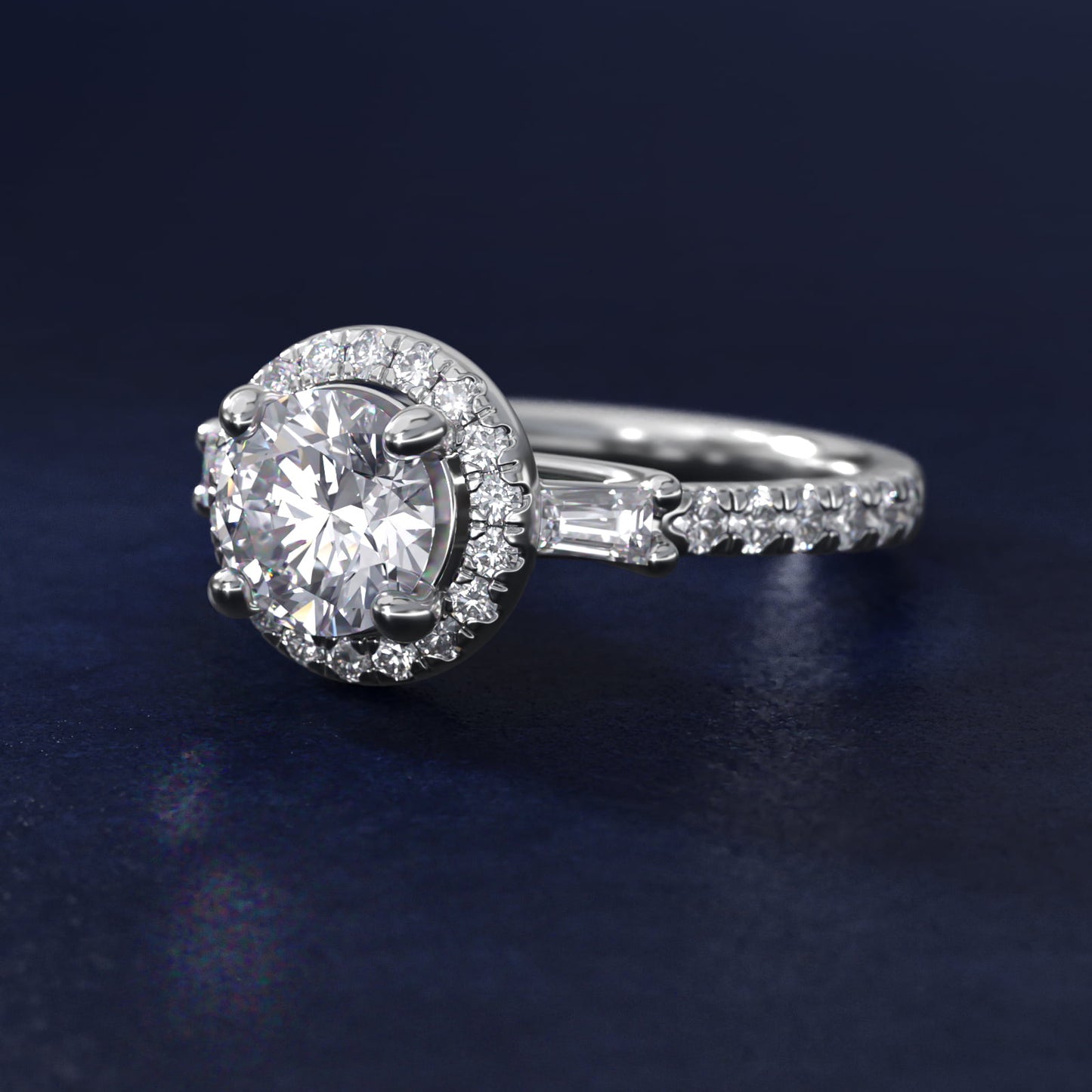 Vintage Baguette Halo Diamond Engagement Ring in 14k White Gold (1/2 ct. tw.) By Zac Zac Posen - Round Center
