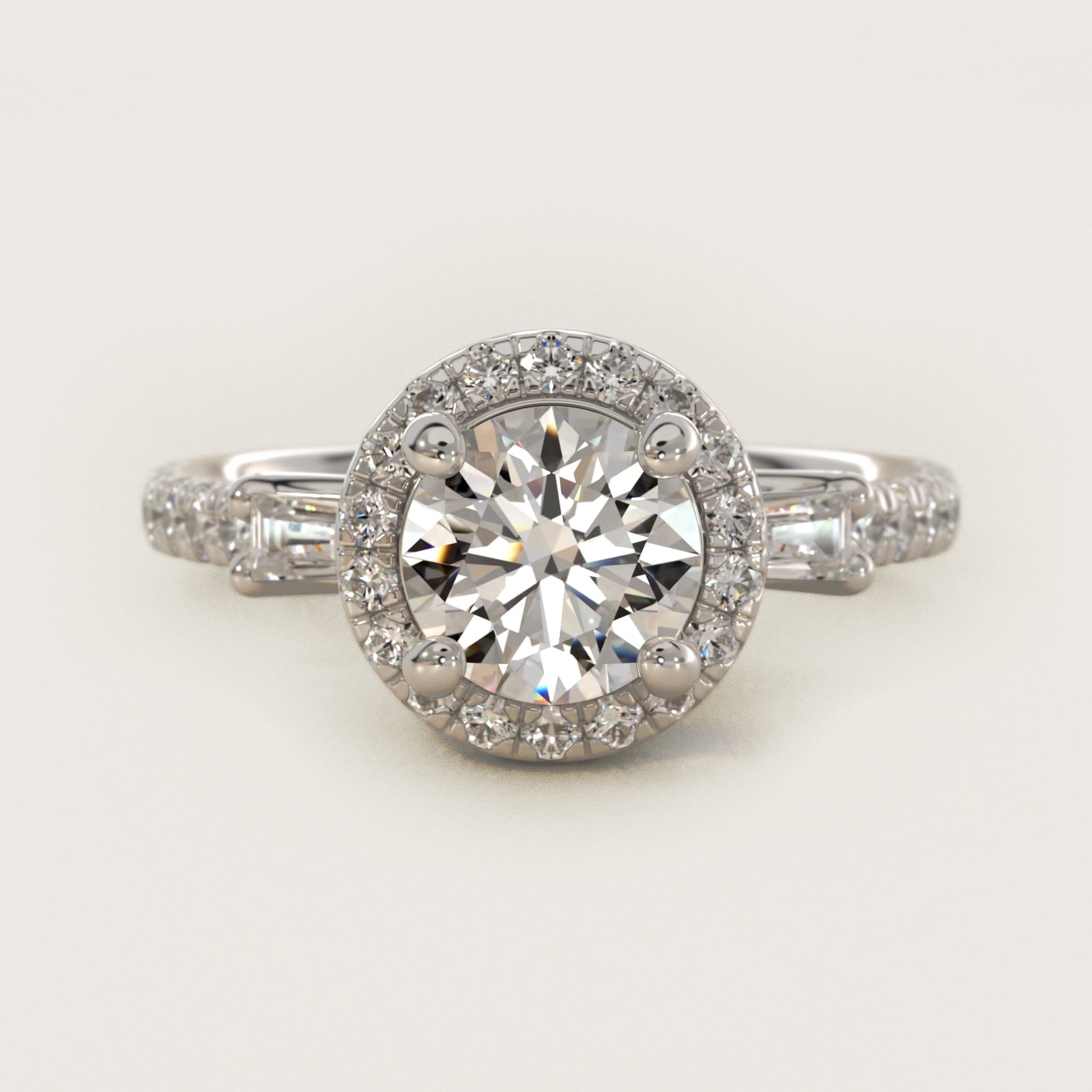 Vintage Baguette Halo Diamond Engagement Ring in 14k White Gold (1/2 ct. tw.) By Zac Zac Posen - Round Center